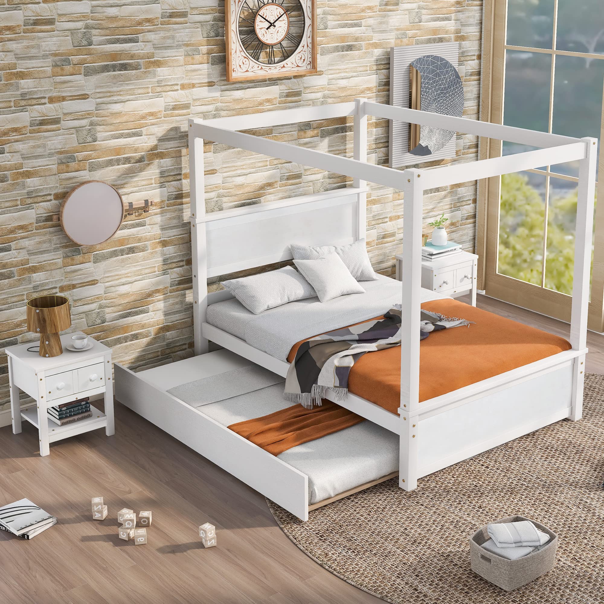 Harper & Bright Designs Full Size Canopy Platform Bed with Trundle - Solid Wood Bed Frame with 2 Nightstands, Noise Free No Box Spring Needed - Brushed White Finish | Perfect for Small Bedrooms, Guest Rooms & Space-Saving Storage Solutions