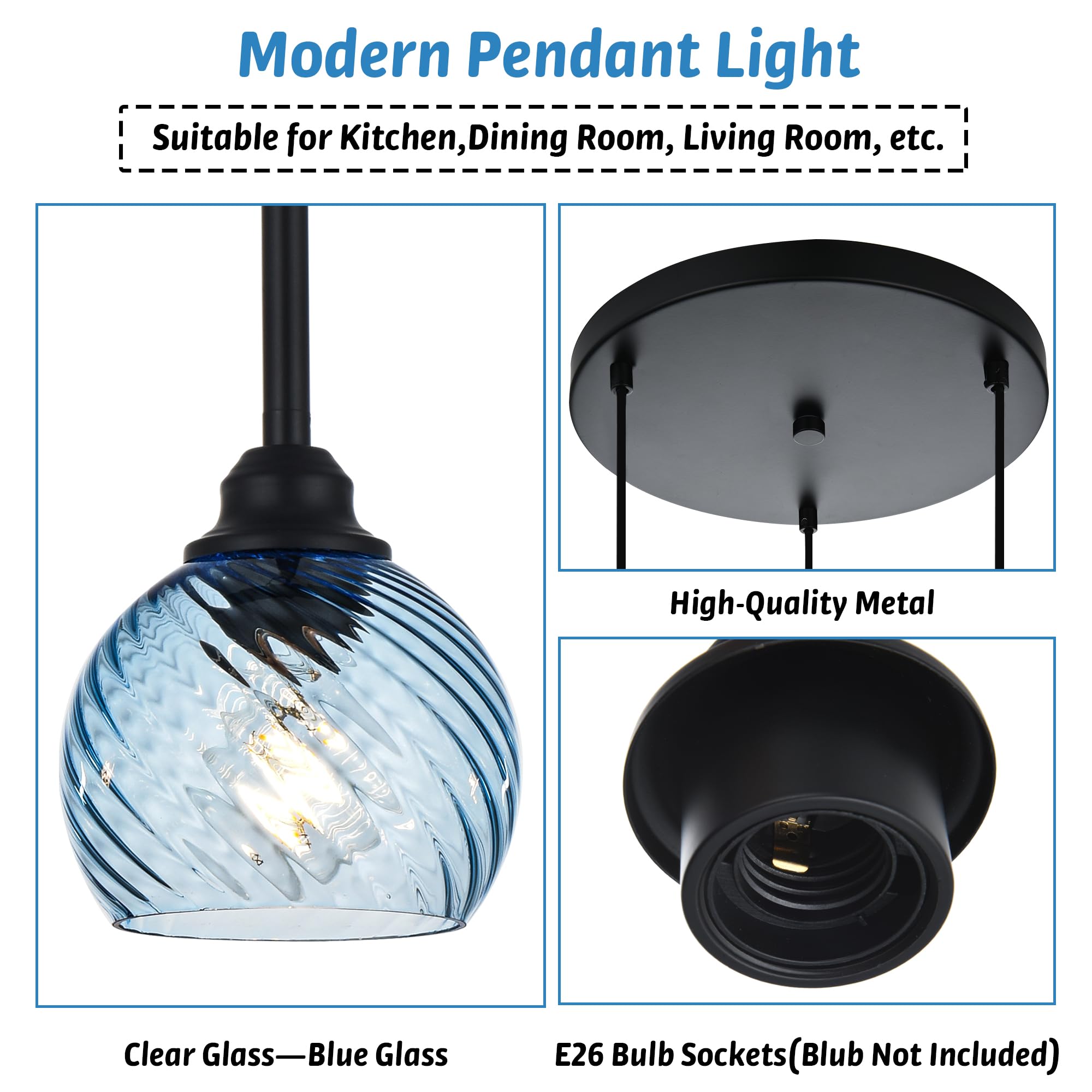 Modern Blue Striped Swirl Glass 3-Light Pendant Lighting for Kitchen Island & Dining Room - Cluster Hanging Ceiling Light with E26 Base - Perfect for Kitchen Counter, Breakfast Bar & Dining Table Ambiance