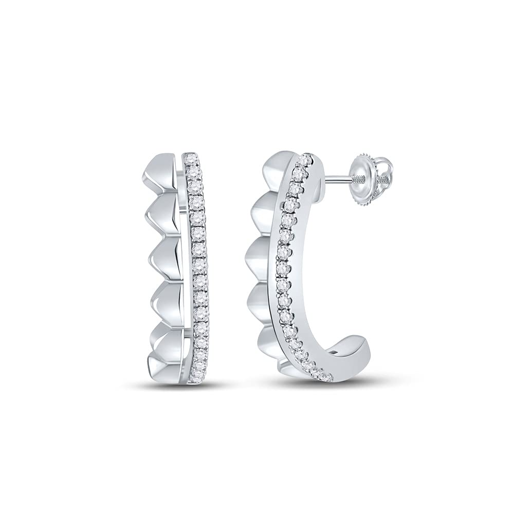 14K White Gold Round Diamond Half Hoop Earrings for Women - 1/10 Cttw, Elegant J-Shaped Design | Perfect for Weddings, Parties & Everyday Wear