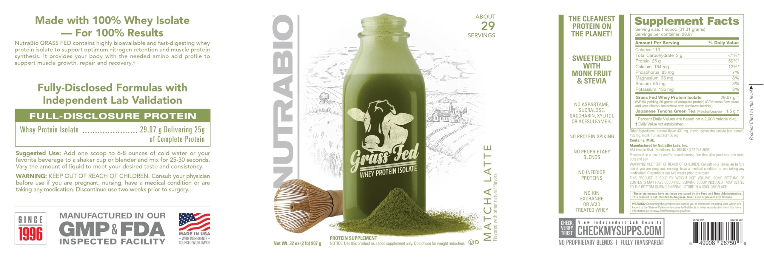NutraBio Grass Fed Whey Isolate Protein Powder - 25G Protein Per Scoop, Sugar Free, Natural Lean Muscle Supplement - Matcha Latte Flavor - 2lbs (29 Servings) for Post-Workout Recovery & Healthy Breakfast Smoothies