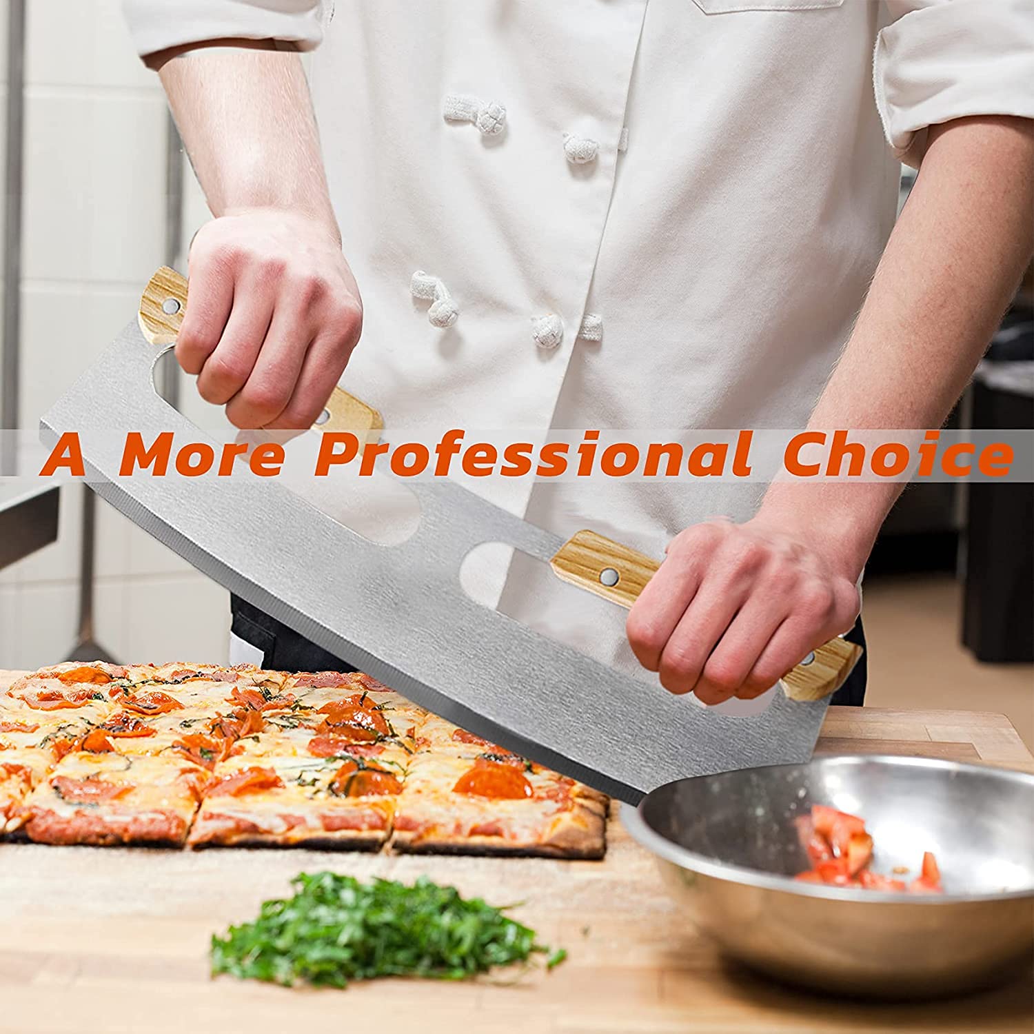 14 Inch Pizza Cutter with Wooden Handle - Professional Mezzaluna Chopper & Salad Knife - Rocker Style Pizza Knife for Perfect Slices - Ideal for Cutting Pizzas, Chopping Herbs, and Preparing Salads at Home or Restaurant