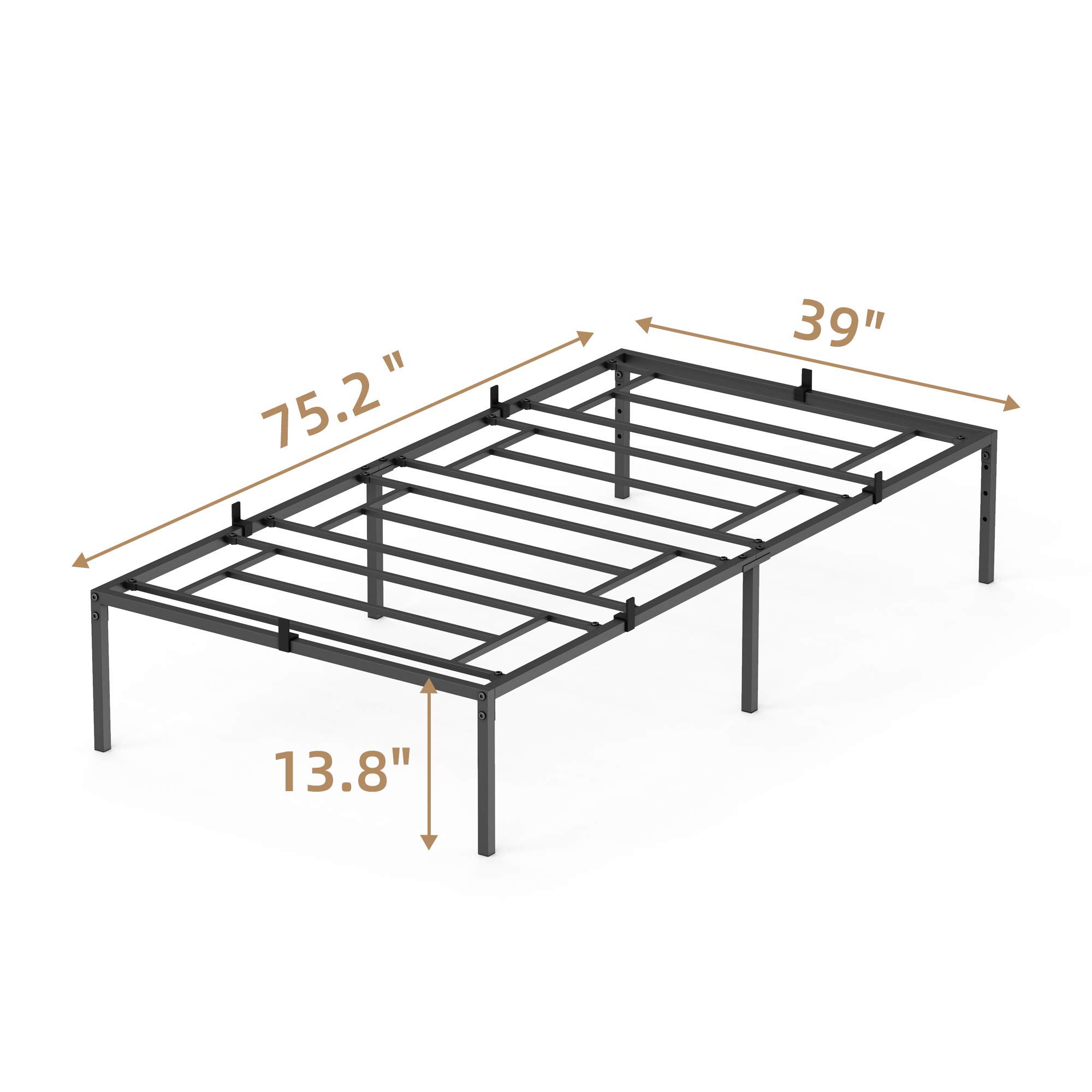 Heavy Duty Twin Metal Bed Frame with Steel Slat Support - No Box Spring Needed - Easy Assembly 75.2