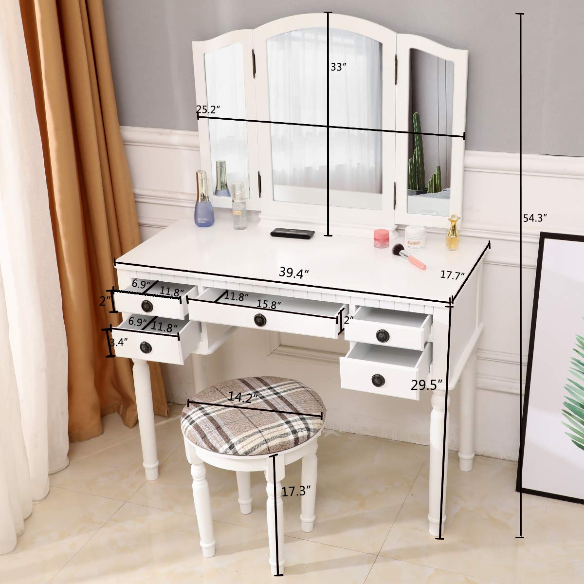 White Vanity Set with Stool - 5-Drawer Dressing Table & Tri-Folding Mirror Makeup Desk for Bedroom, Cushioned Stool Included (Adult Size) | Perfect for Cosmetics Organization, Beauty Routine & Home Decor