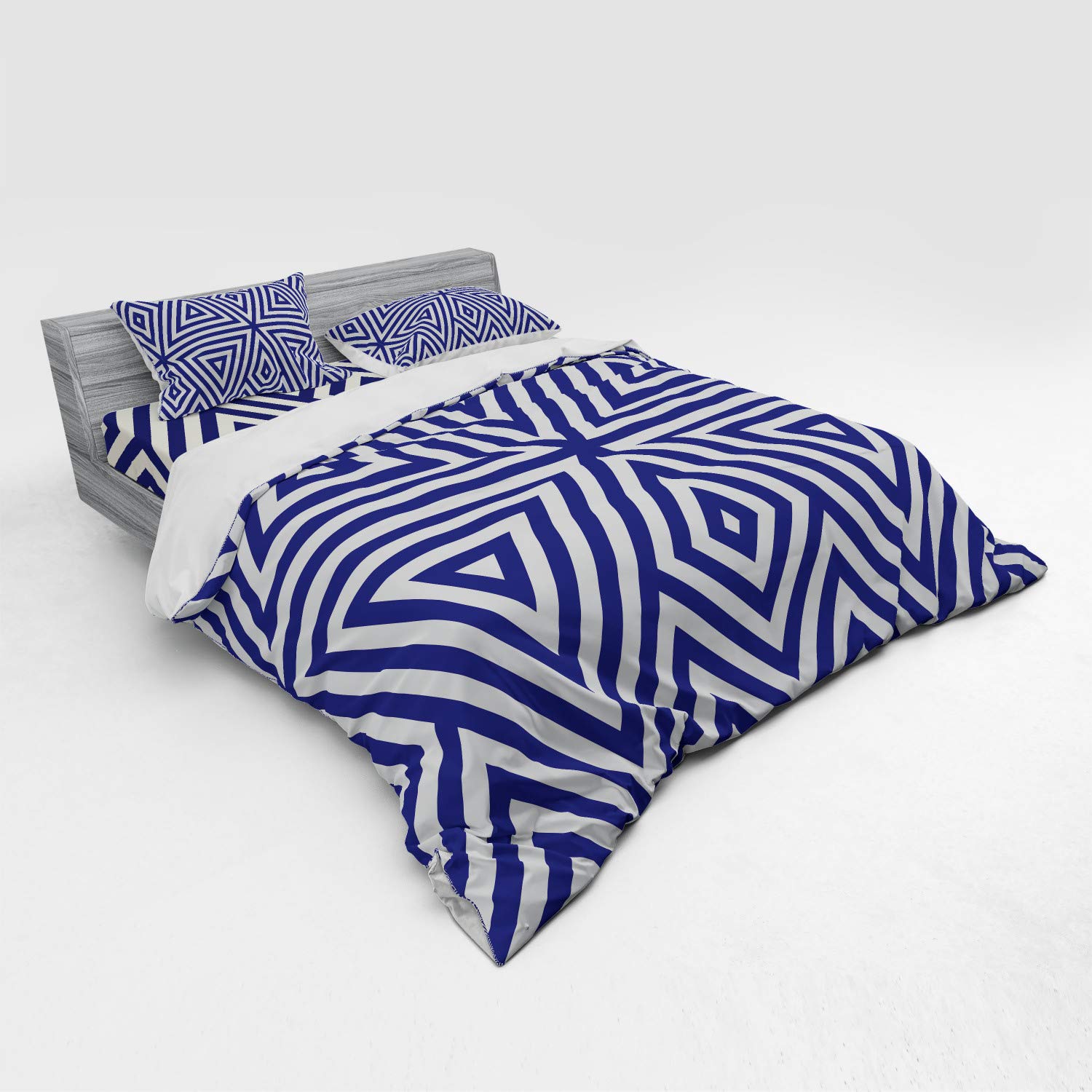 Ambesonne Navy Blue King Size 4-Piece Bedding Set - Modern Geometric Triangle Abstract Design Duvet Cover with Shams & Fitted Sheet in Indigo Cream | Luxury Bedroom Decor for Contemporary Homes