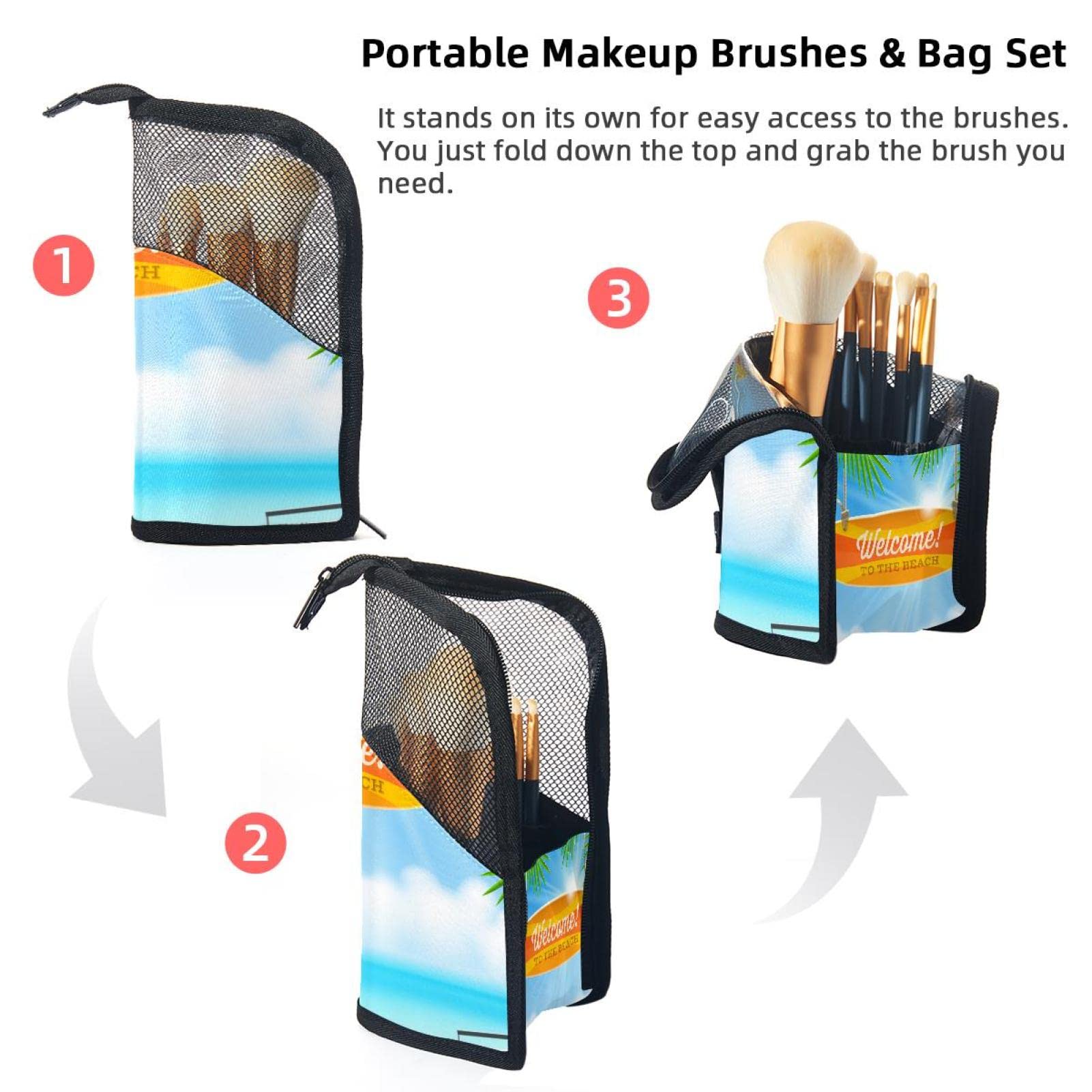 12-Piece Makeup Brush Organizer Bag - Portable Waterproof Cosmetic Brush Holder Case with Tropical Sea Design, Perfect for Travel, Beach Trips & Daily Makeup Storage