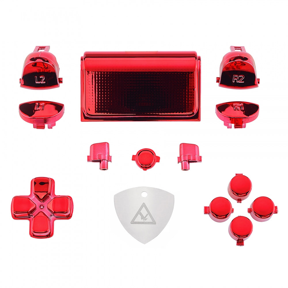 eXtremeRate Chrome Red Replacement D-Pad & Button Kit for PS4 Slim/Pro Controller - Includes R1 L1 R2 L2 Triggers, Touchpad, Action, Home, Share Buttons - Full Repair Set with Tools - Perfect for Gaming, DIY Controller Mods & Button Replacement