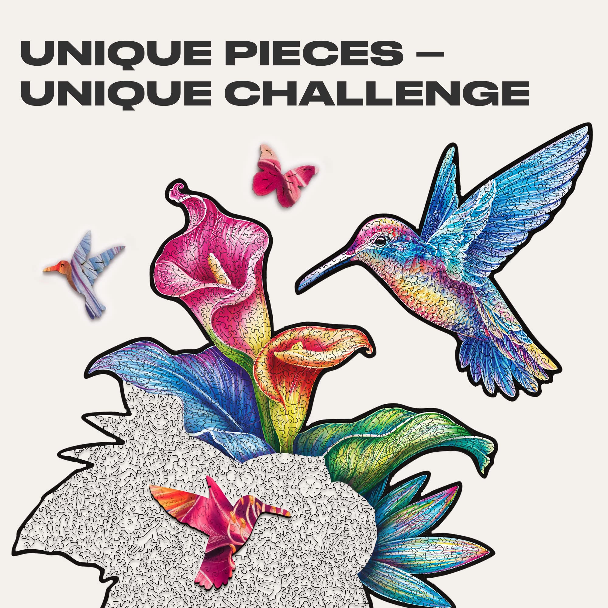 UNIDRAGON Original Wooden Jigsaw Puzzle - 700 Piece Elusive Colibri Hummingbird Art, Large 27.6x21.3 Inches, Unique Shaped Pieces, Premium Gift Box for Adults & Kids - Perfect for Family Game Night, Home Decor & Stress Relief