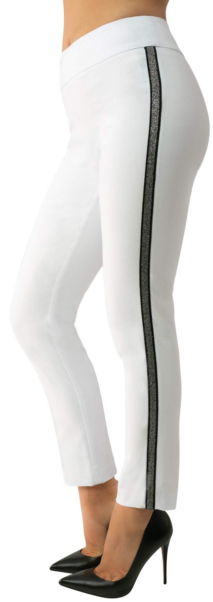 UP! Women's Slim Ankle Pants - Style 66788, White/Silver Stripe, Techno Stretch Fabric, 28