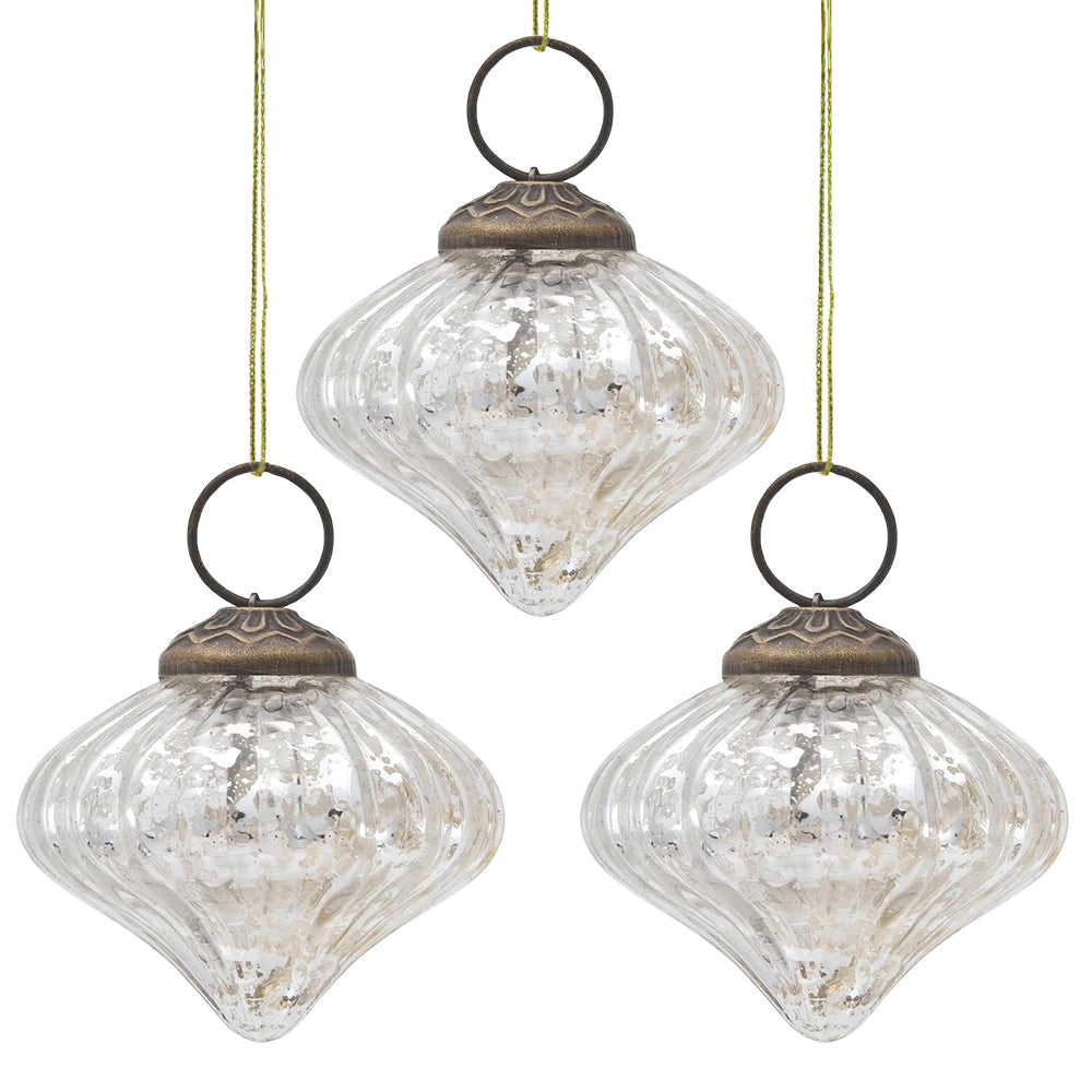 3 Pack Mercury Glass Small Ornaments - 2.5 Inch Silver Christmas Tree Decorations with Lucy Design | Holiday Home Decor, Party & Gift Ideas