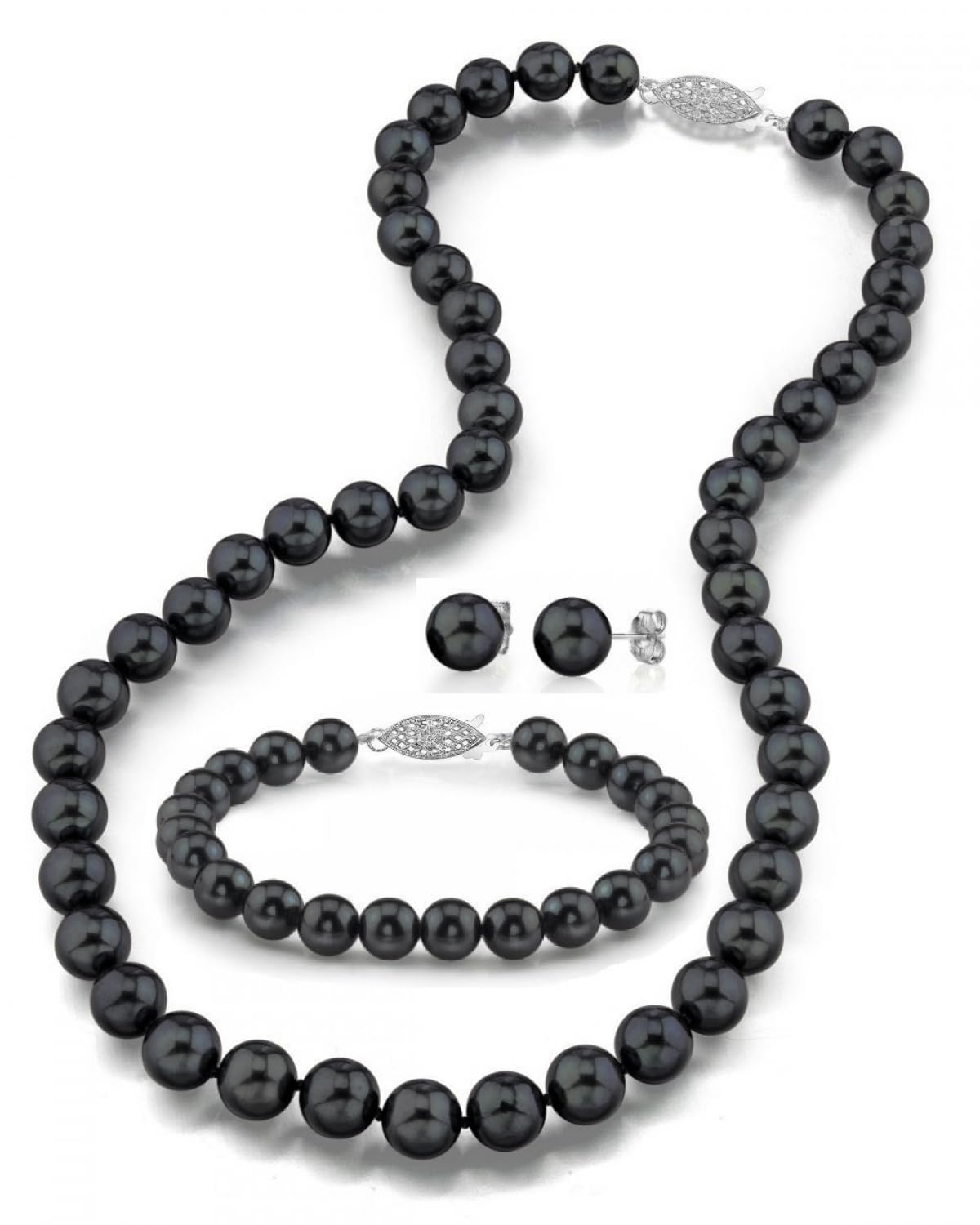 14K Gold Black Akoya Pearl Jewelry Set - Necklace, Bracelet & Earrings for Women - Perfect for Weddings & Gala Events