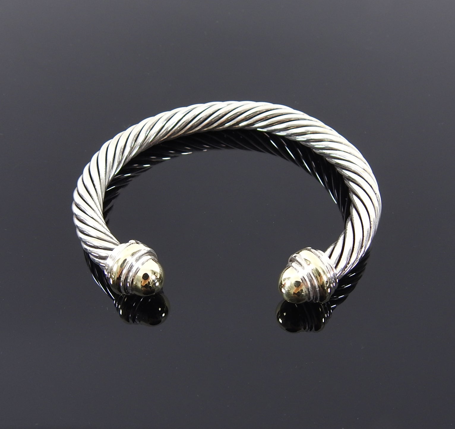 David Yurman Two Tone Classic Cable 7mm Sterling Silver & 14k Gold Cuff Bracelet for Women - Elegant Jewelry Gift for Anniversary, Wedding & Special Occasions