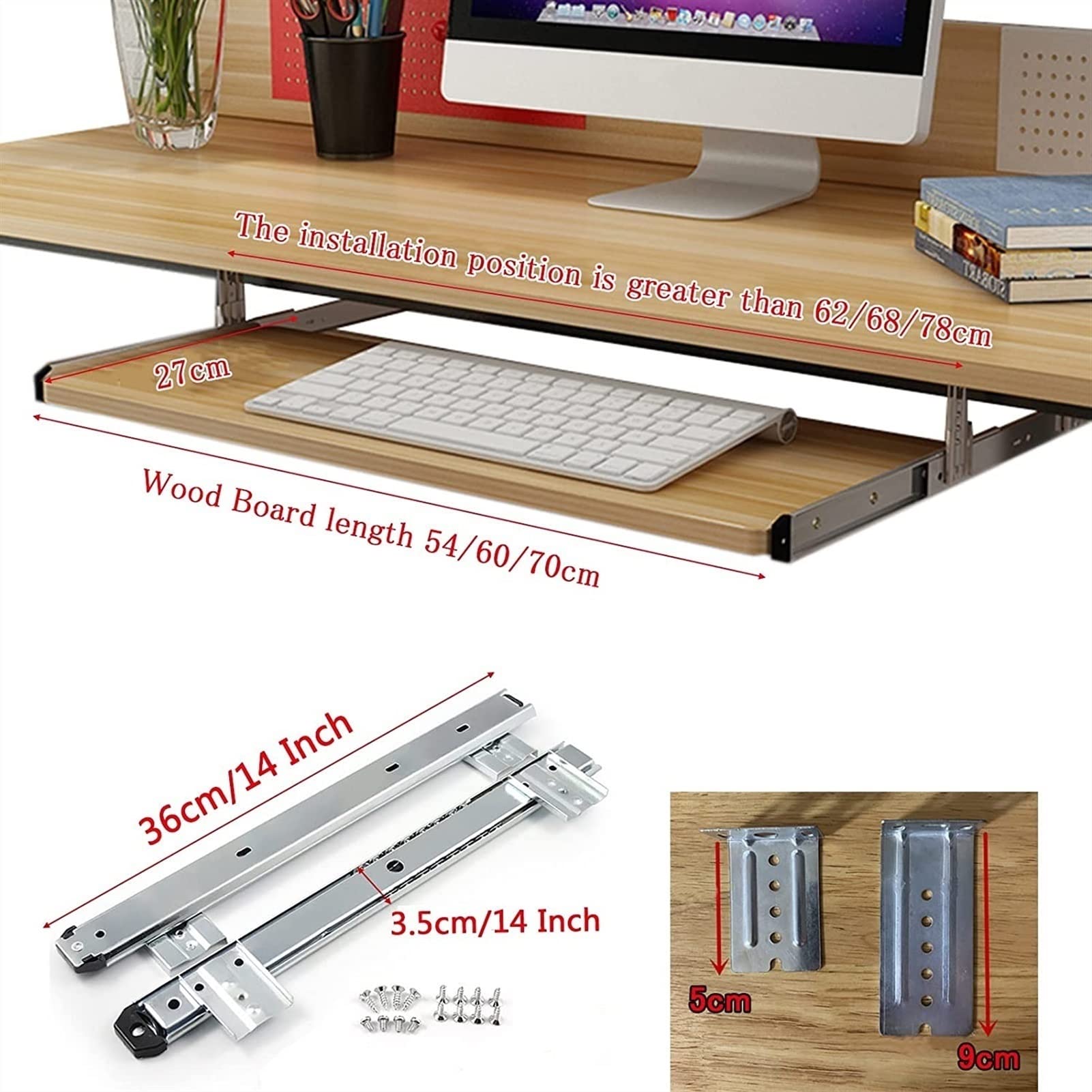 Under Desk Keyboard Tray - 24cm Sliding Drawer with Mouse Storage, Fits 54/60/70x27cm Keyboards - Ergonomic Computer Workspace Solution for Home & Office Desks