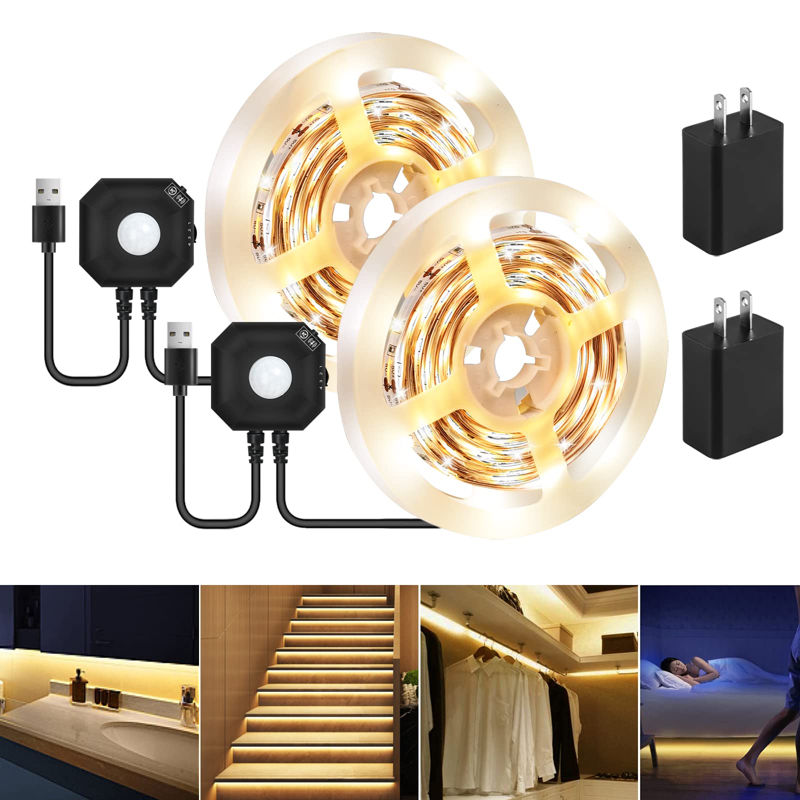 HOUHUI Motion Sensor LED Light Strip - 2 Pack 9.8Ft Smart Under Cabinet Lighting with Auto Shut-Off Timer, Warm White Bedroom Night Lights for Hallway, Stairs, Closet & Home Safety (Indoor Use)