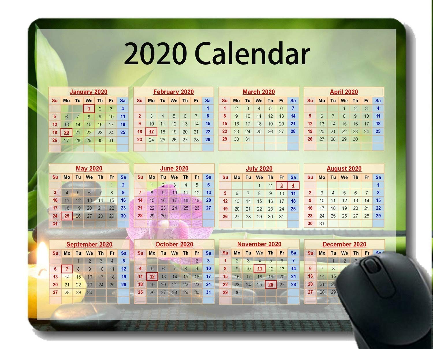 2020 Gaming Mouse Pad with Calendar - Zen Flower Candle Still Life Design | Non-Slip Surface for PC, Laptop, Office & Home Workspace