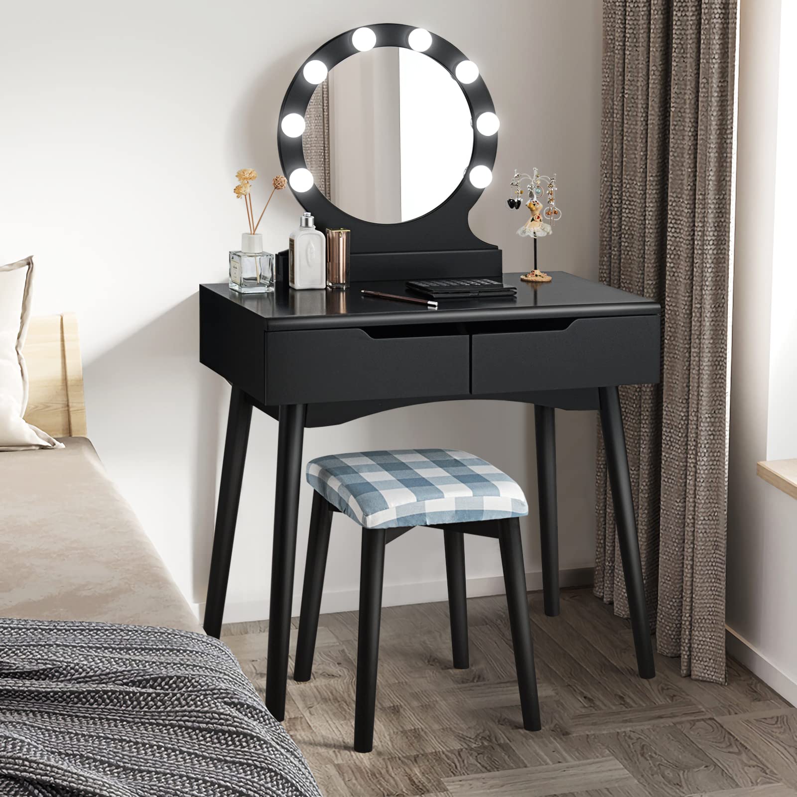 Giantex Vanity Table Set with 8 LED Lights & Touch Control, Princess Style Dressing Table with Large Round Mirror, 2 Sliding Drawers & Cushioned Stool - Perfect for Bedroom, Bathroom & Makeup Room (Black)