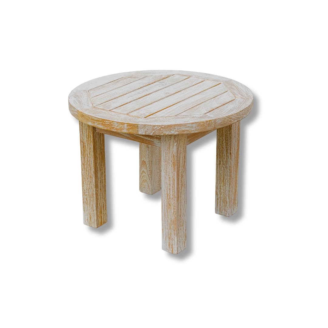 Alveare Home White Teak Round Outdoor End Table - Durable Patio Side Table for Garden, Poolside & Balcony Use