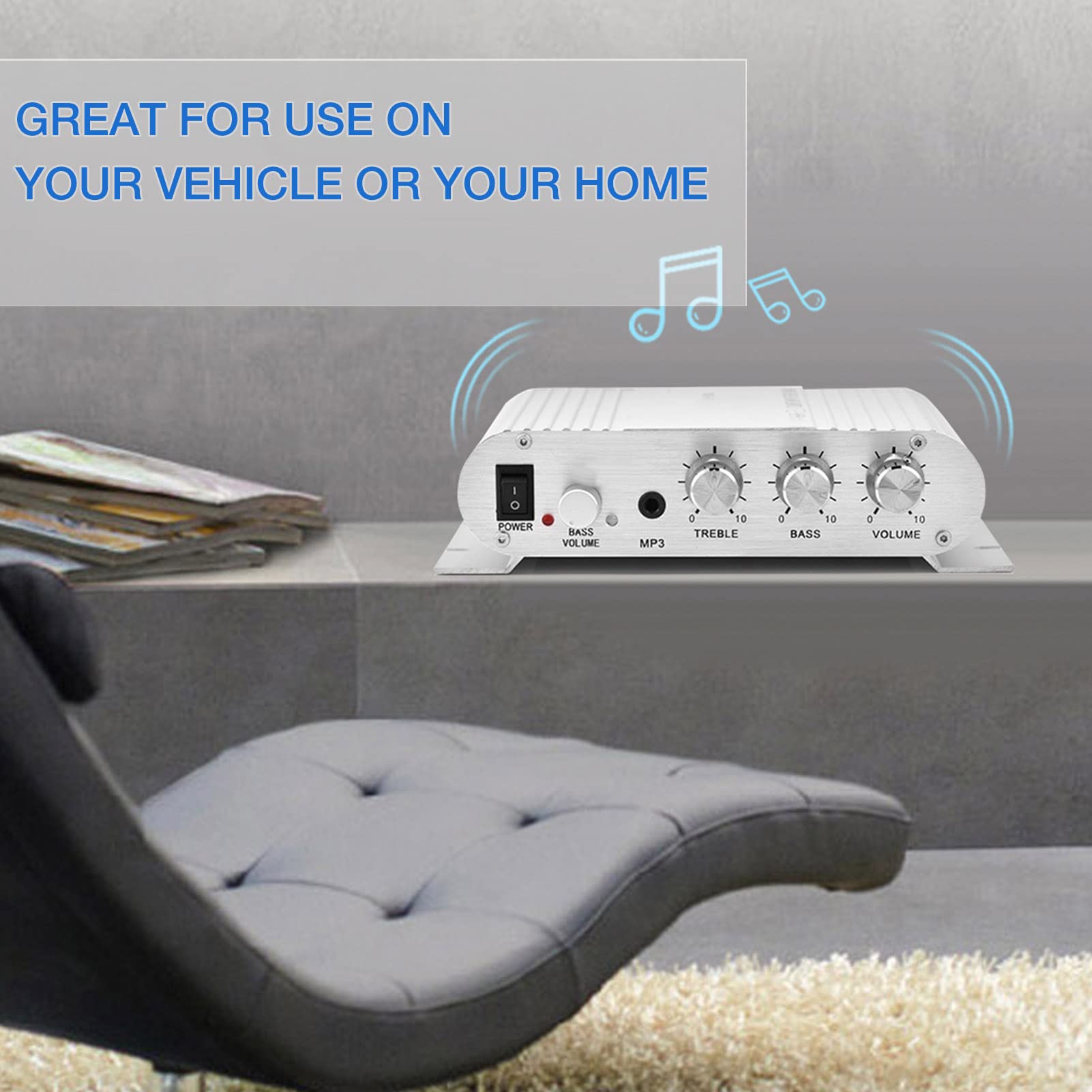 Digital Stereo Power Amplifier - Mini HiFi 2.1 Channel Bass Boost Audio System with 3.5mm Input & Dual Speaker Outputs (Silver) | Perfect for Car, Home Theater & Music Studio Setup