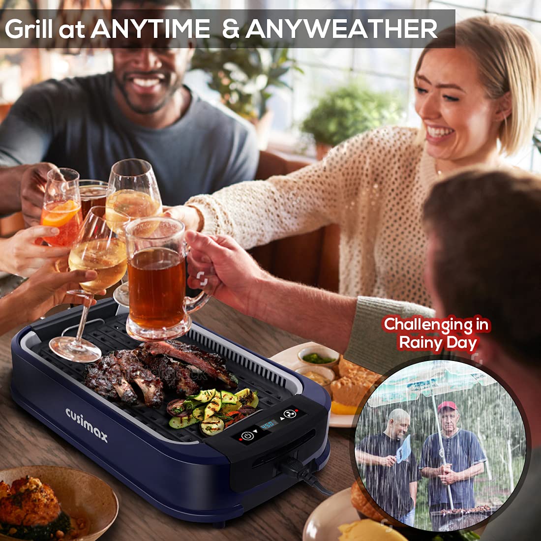 CUSIMAX 1500W Electric Smokeless Indoor Grill with Tempered Glass Lid - Nonstick Flat Top Griddle & Pancake Maker, Dishwasher Safe, Blue - Perfect for Healthy Cooking, Breakfast, Burgers & Family BBQs