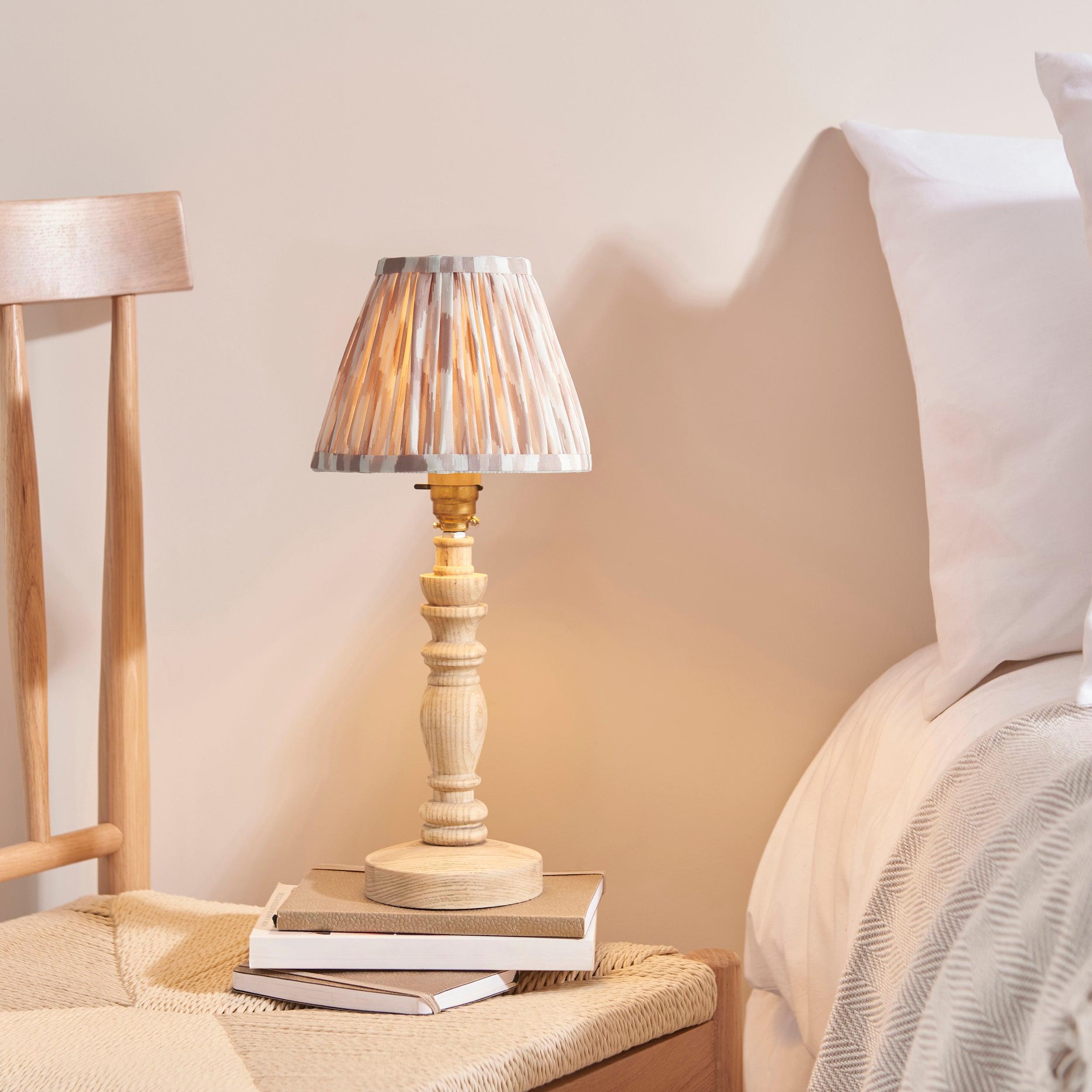 Bibury Wooden Table Lamp with Ikat 16cm Neutral Shade - Modern Home Office & Bedroom Lighting Decor for Cozy Ambience