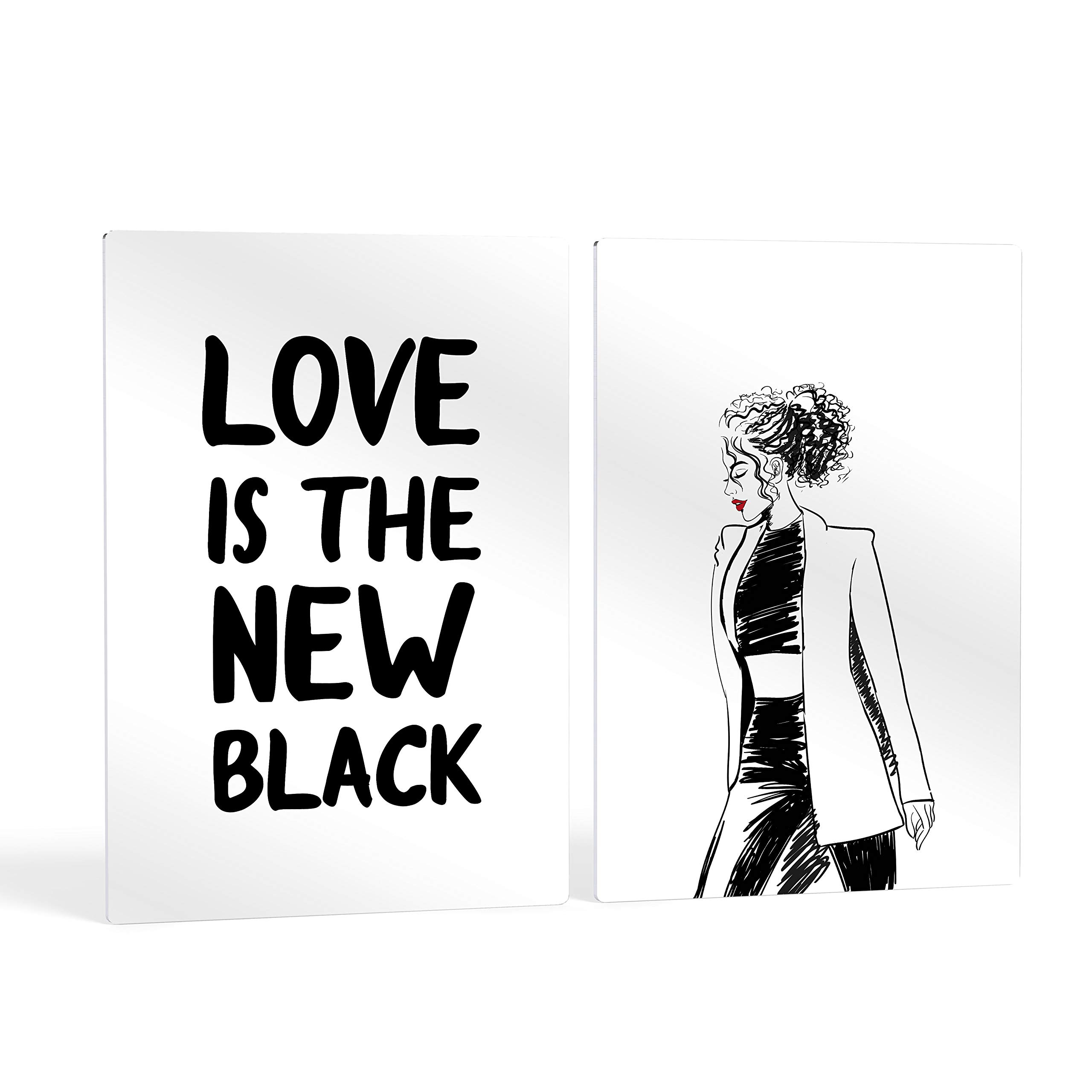 HB Art Design 'Love is The New Black' Quote Woman Sketch Fashion 2-Panel Metal Wall Art Print Set - Glam Wall Decor for Office, Dorm, Bathroom, Living Room & Bedroom - Ready to Hang (36x24 inches, Set of 2) - Perfect for Home Decor, Housewarming Gifts & Interior Design