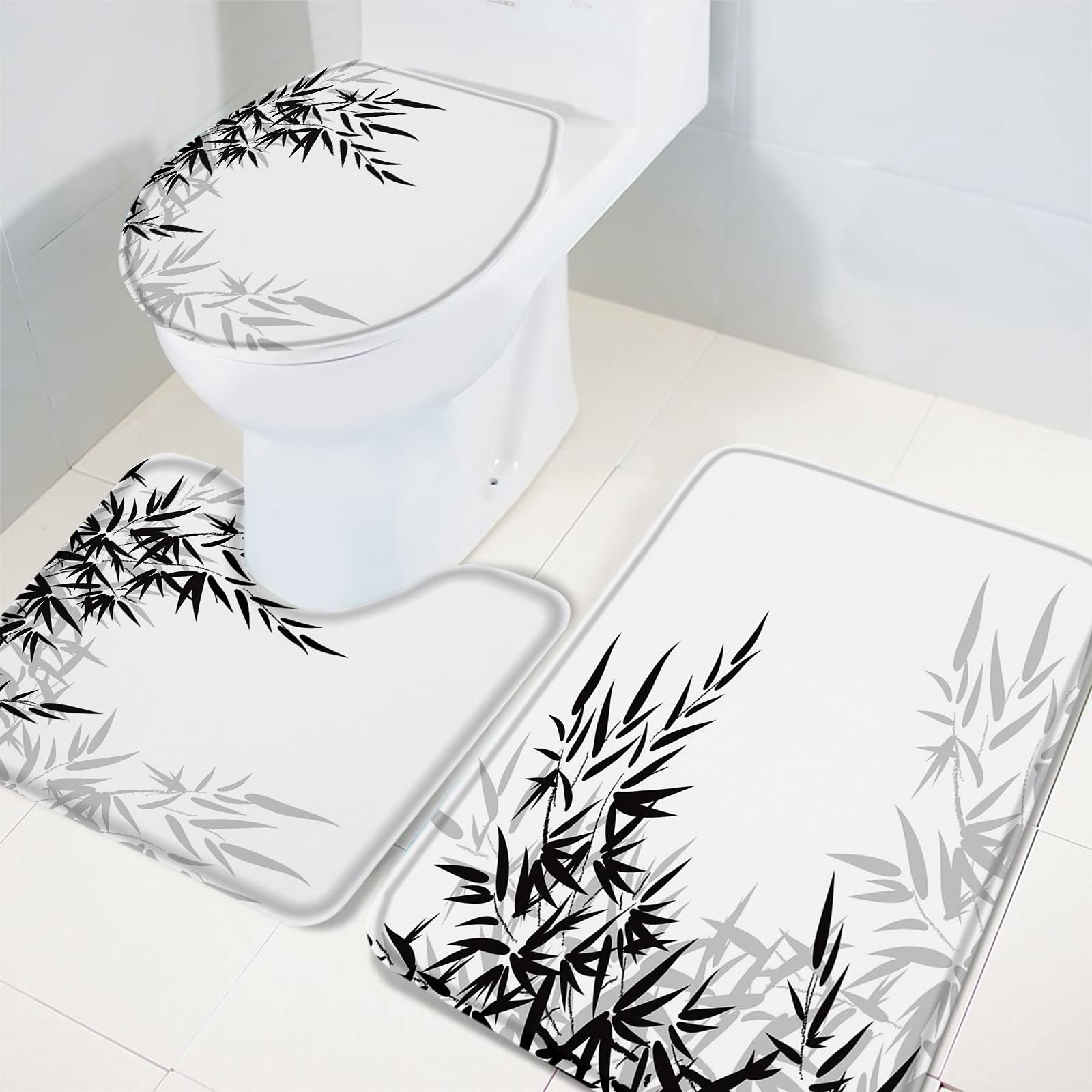 3-Piece Bathroom Rug Set - Non-Slip Bamboo Leaf Black & White Pattern Bath Mat, Contour Mat & Toilet Cover | Soft Absorbent Shower Mats for Bathroom Safety & Style | Perfect for Modern Home Decor