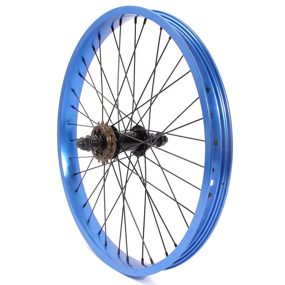 KHE BMX Rear Wheel 20 Inch 7005 Aluminum 36H 14mm Blue Anodized 16T Sprocket - Durable Bike Wheel for BMX Racing, Stunt Riding & Urban Cycling