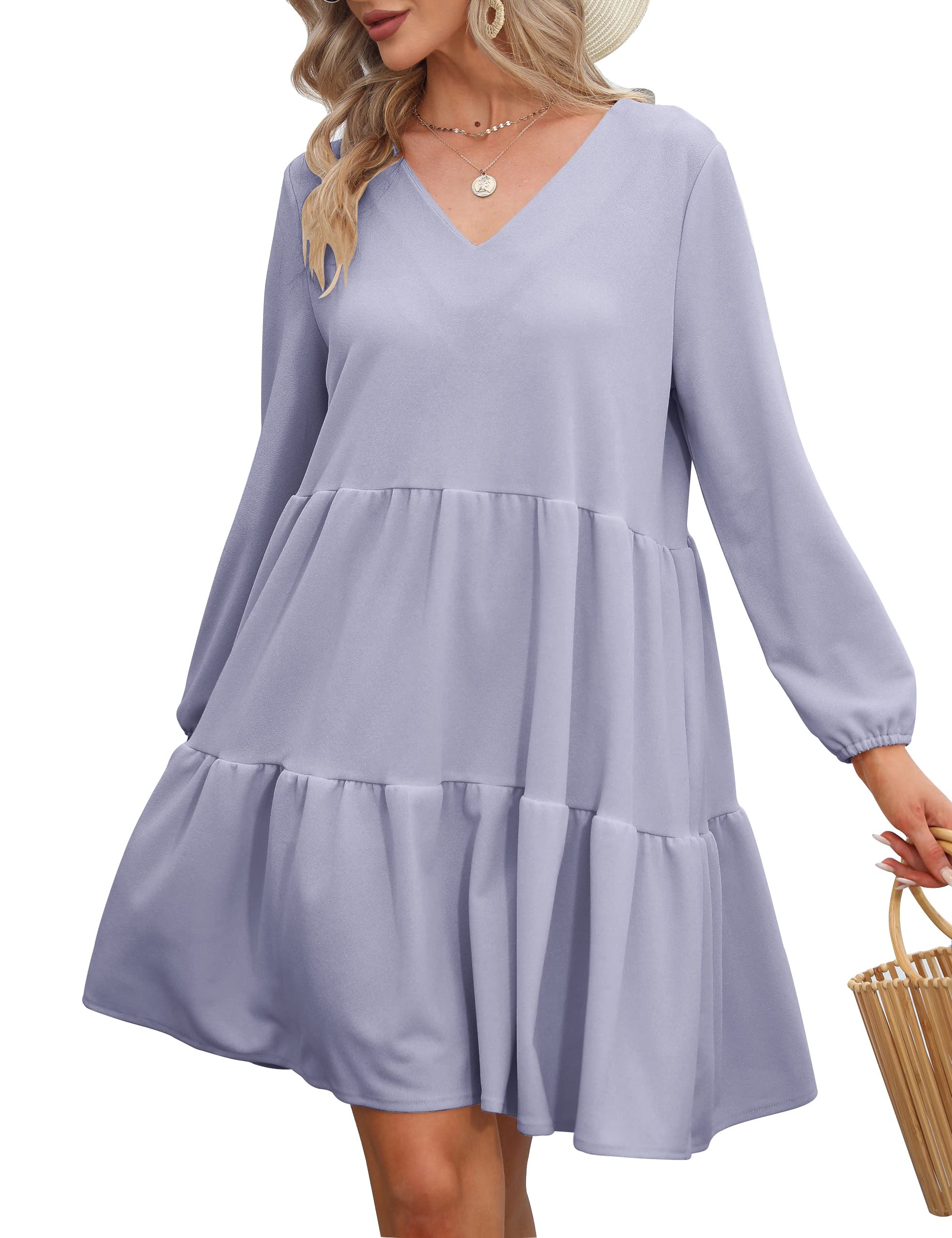 Nclook Women's Summer Casual Dress - Sweet & Cute V-Neck Mini Dress with Pockets, Long Sleeve Ruffle Floral Dress for Beach, Party, and Date Night Outfits