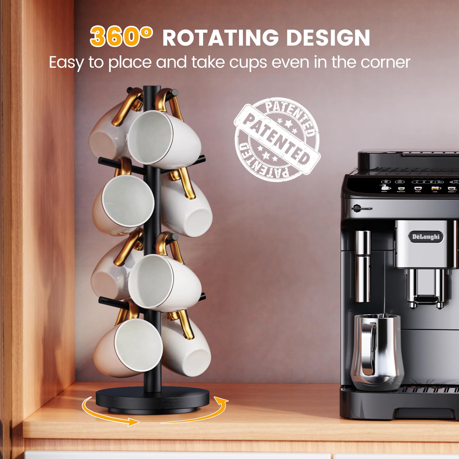 Upgraded 360° Rotating Coffee Mug Holder Tree with 8 Hooks - Wooden Countertop Cup Organizer Rack for Coffee Bar & Kitchen - Perfect for Home, Office or Cafe Mug Display & Storage (Black)
