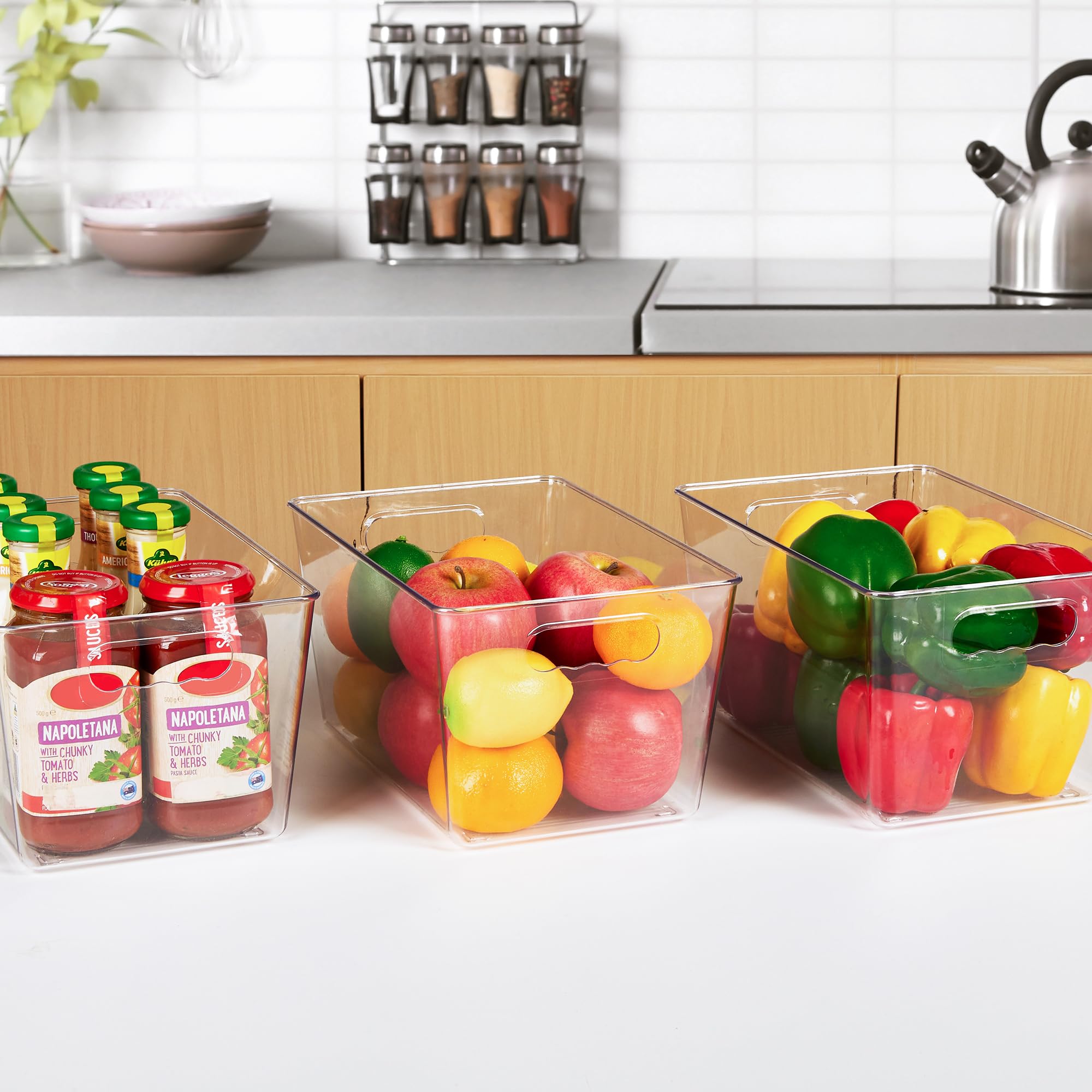 YIHONG 4-Pack Clear Plastic Storage Bins with Handles - Pantry Organizers for Kitchen, Freezer, Cabinet & Closet - Durable Stackable Containers for Food, Toys & Home Organization (Great for Meal Prep & Decluttering)