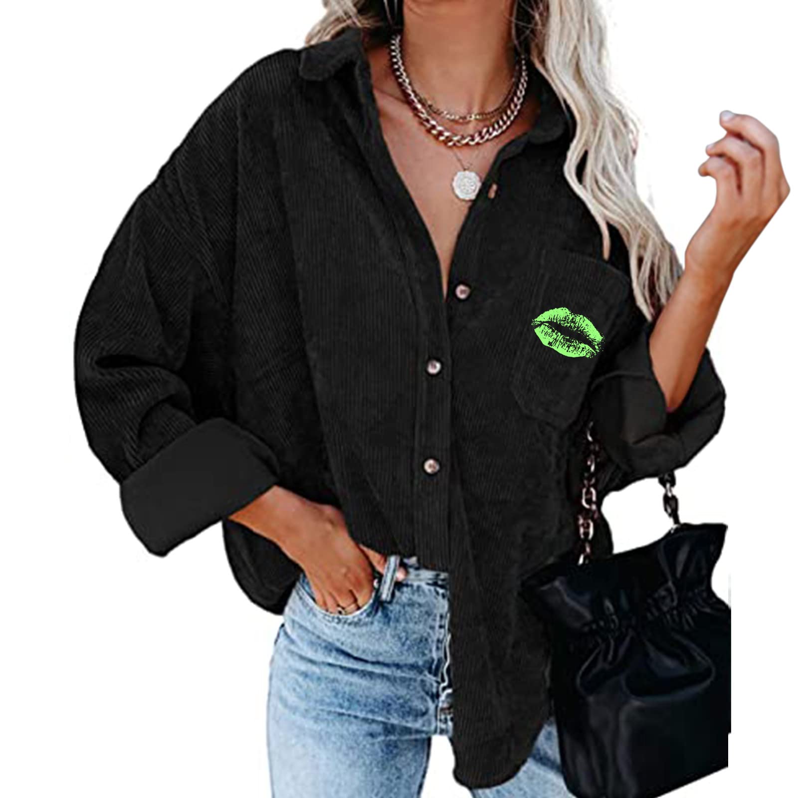 Sexy Women's Corduroy Long Sleeve Button Down Blouse - Casual Shirt Tops for Work, Date Night & Fall Outfits