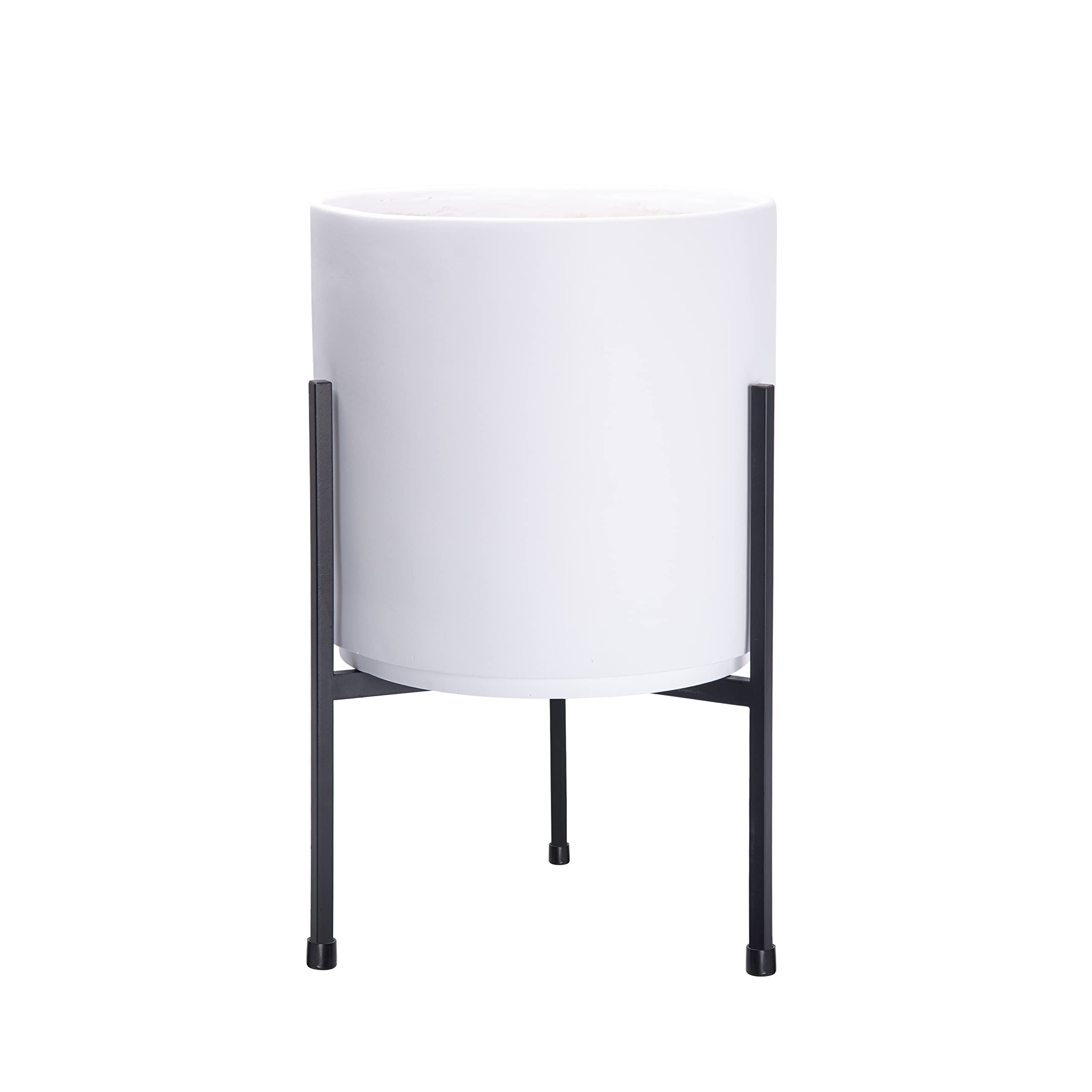 Modern White Cylinder Planter with Heavy Duty Stand - 10 Inch Medium Plant Pot, 16.3 Inch Height - Indoor/Outdoor Home Decor for Living Room, Office, Garden & Patio