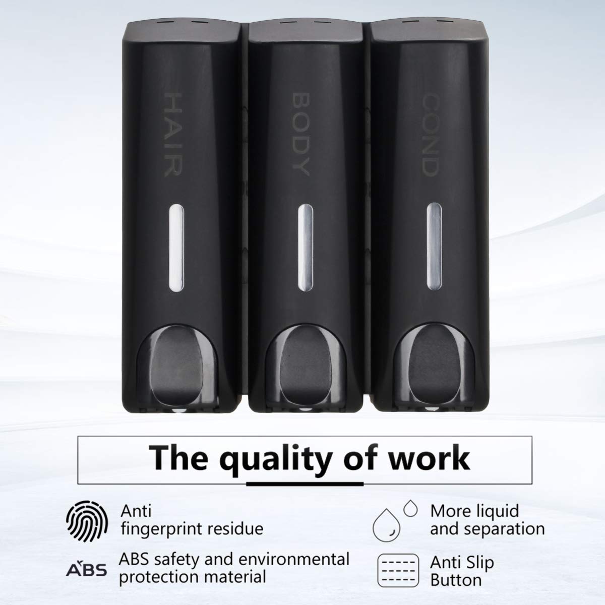Wall Mounted Shampoo Conditioner Body Wash Dispenser Set - No Drill Bathroom Soap Dispenser Trio for Showers, Hotels & Home Use - Black (Ideal for Spa-Like Bathroom Organization & Guest Convenience)