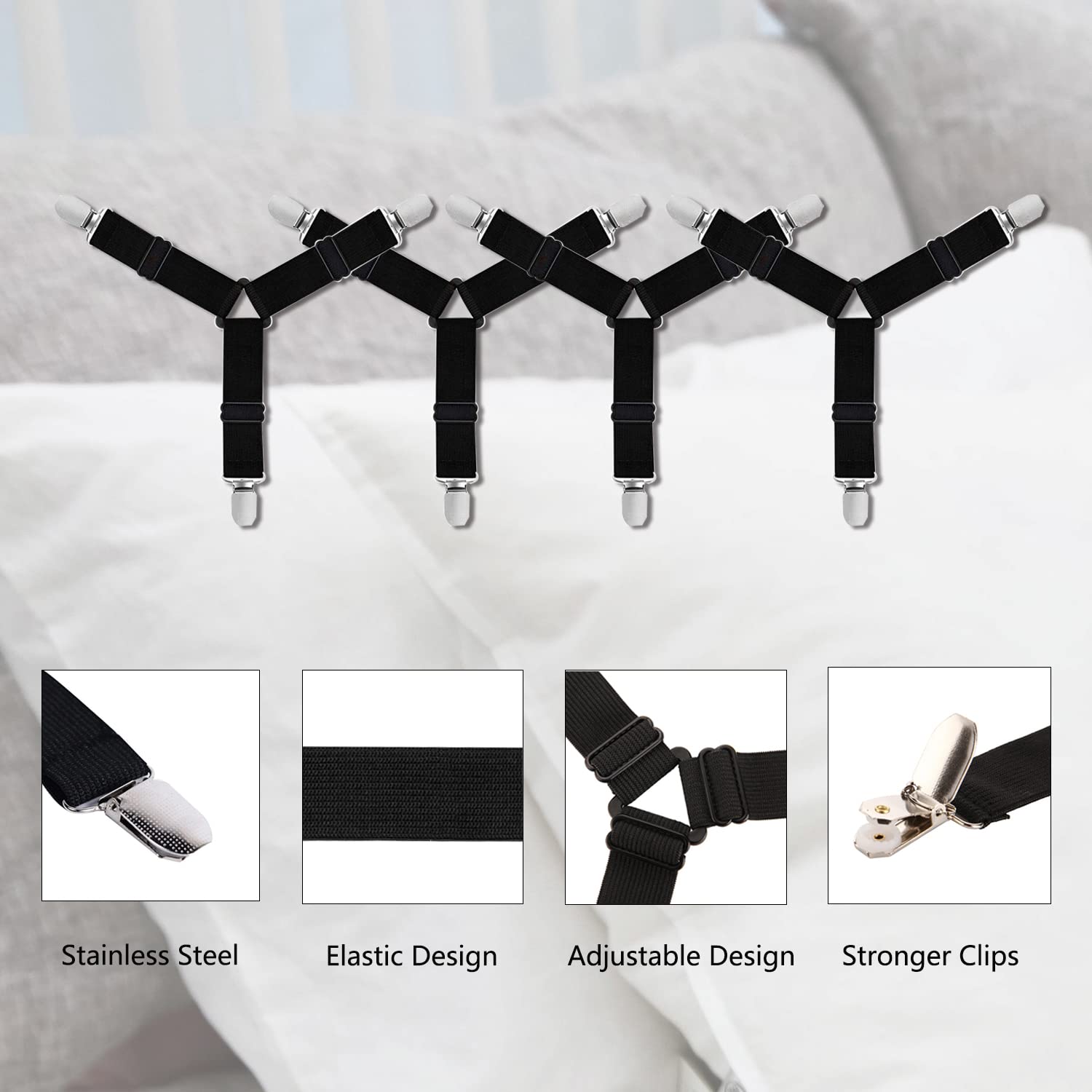 Resdenio 4-Pack Adjustable Elastic Bed Sheet Straps - Secure Fitted Sheets, Sofa Cushions & Mattress Covers - Triangle Suspenders with Strong Grippers for Home, Hotel & RV Use
