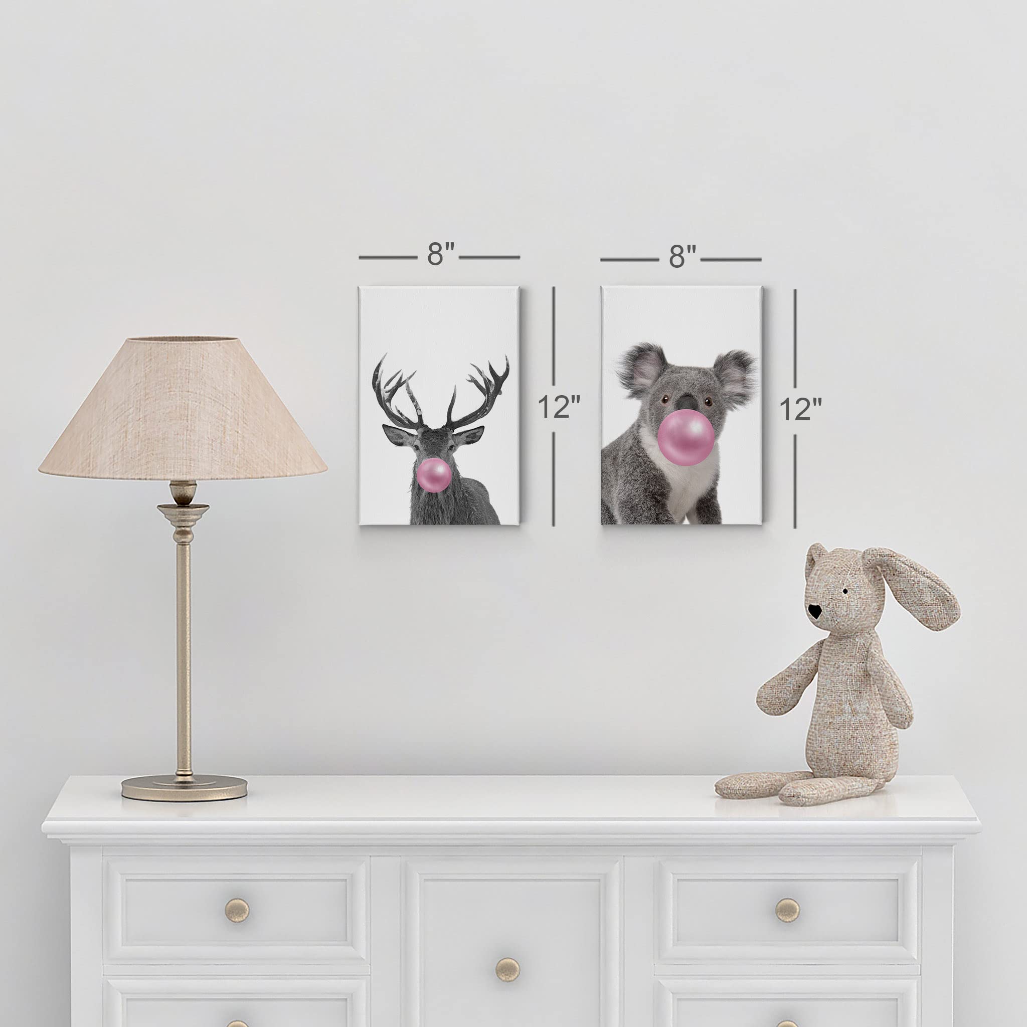 Smile Art Design Reindeer and Koala Animal Bubble Gum Canvas Print Set - Pink Gum Black & White Wall Art for Baby Nursery, Kids Room Decor (22x15 Inches, 2-Panel, Ready to Hang, Made in USA) - Perfect for Children's Bedrooms, Playrooms, and Gender-Neutral Nursery Themes