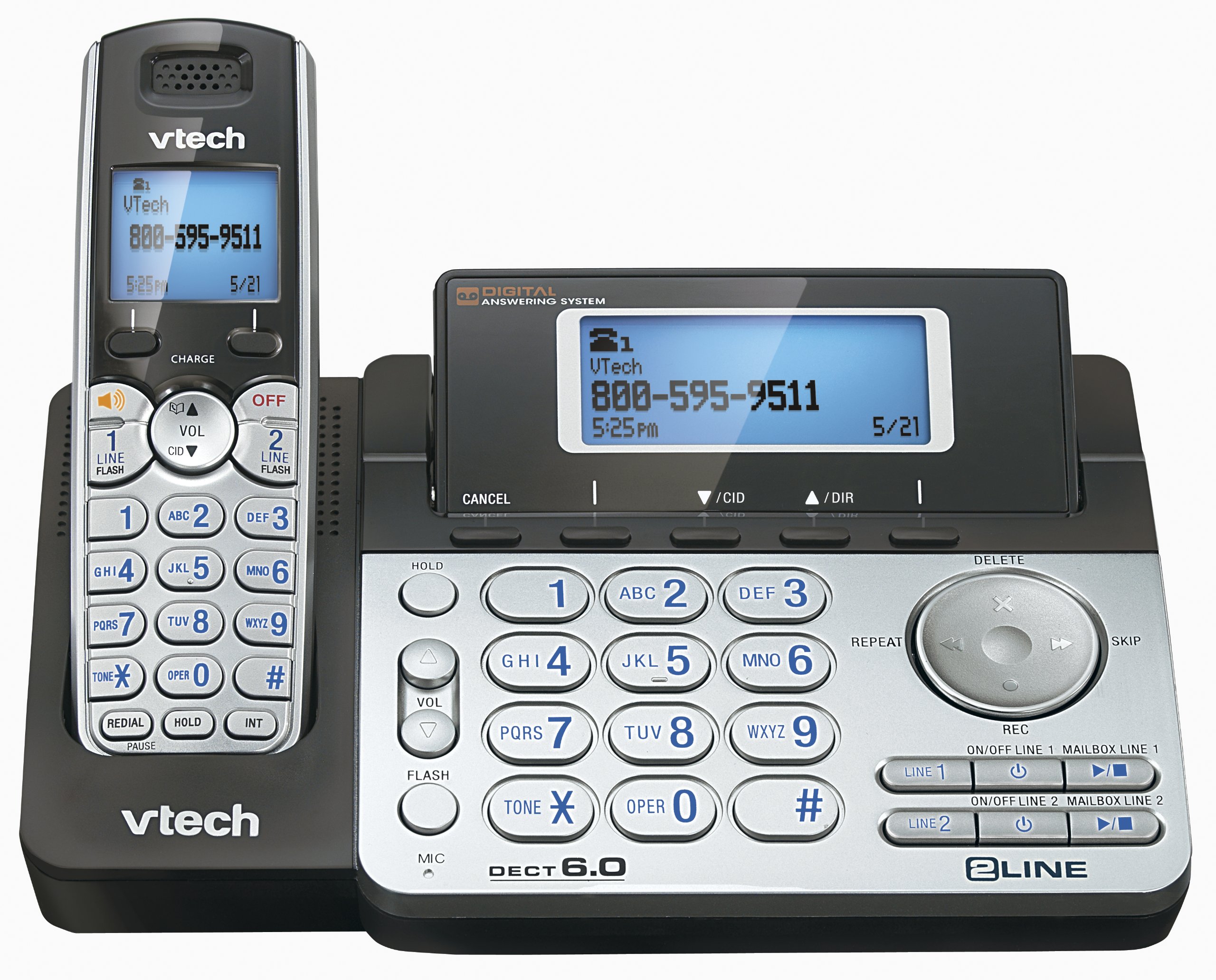 VTech DS6151 DECT 6.0 2-Line Expandable Cordless Phone with Digital Answering System, Caller ID, and 1 Handset - Silver/Black - Perfect for Home & Office Communication
