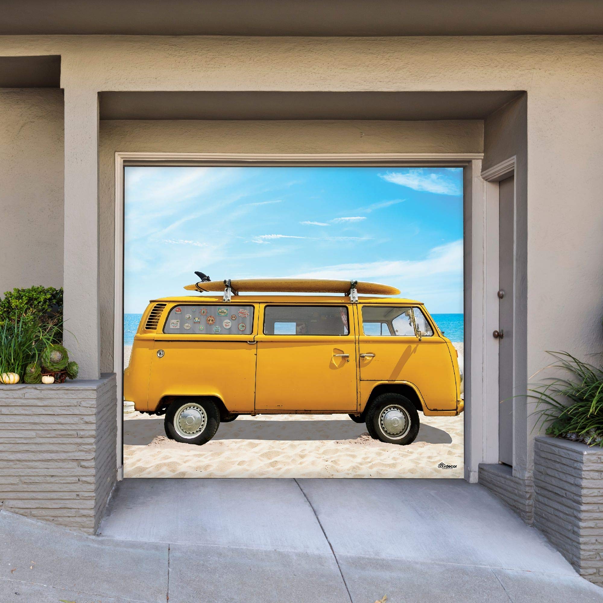 CC Home Furnishings 7' x 8' Yellow and Blue Car Single Garage Door Banner - Perfect for Car Shows, Dealerships, and Home Garage Decor