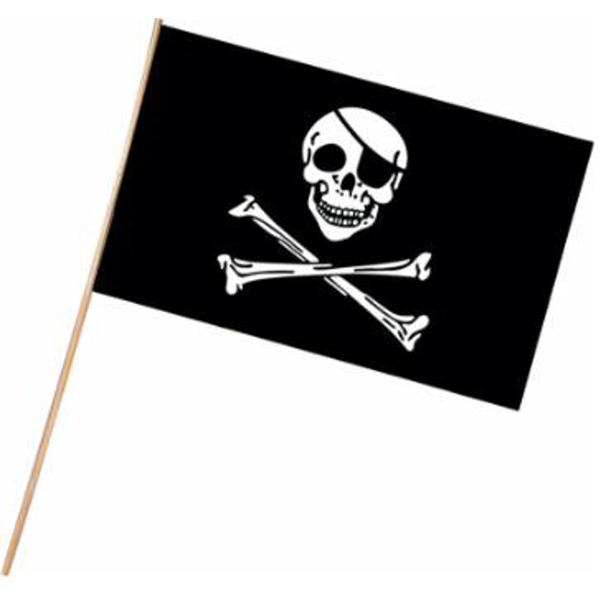 Pirate Flag with 22-Inch Plastic Stick - 11x17 Inches - Perfect for Halloween Decorations, Pirate Themed Parties, and Nautical Events
