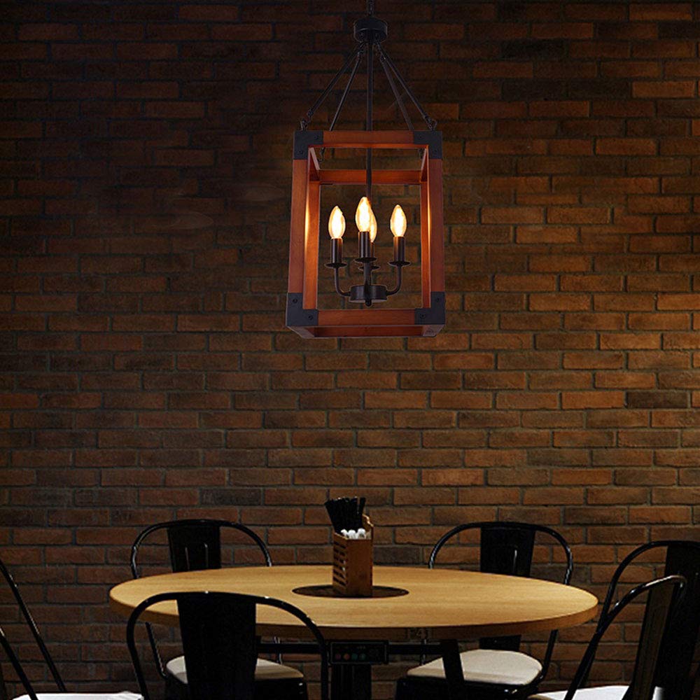 4-Light Solid Wood & Metal Chandelier - Rustic Retro Industrial Pendant Light with Geometric Square Design - Perfect for Bedroom, Dining Room & Living Room Ceiling Lighting | Farmhouse Decor & Modern Home Interior