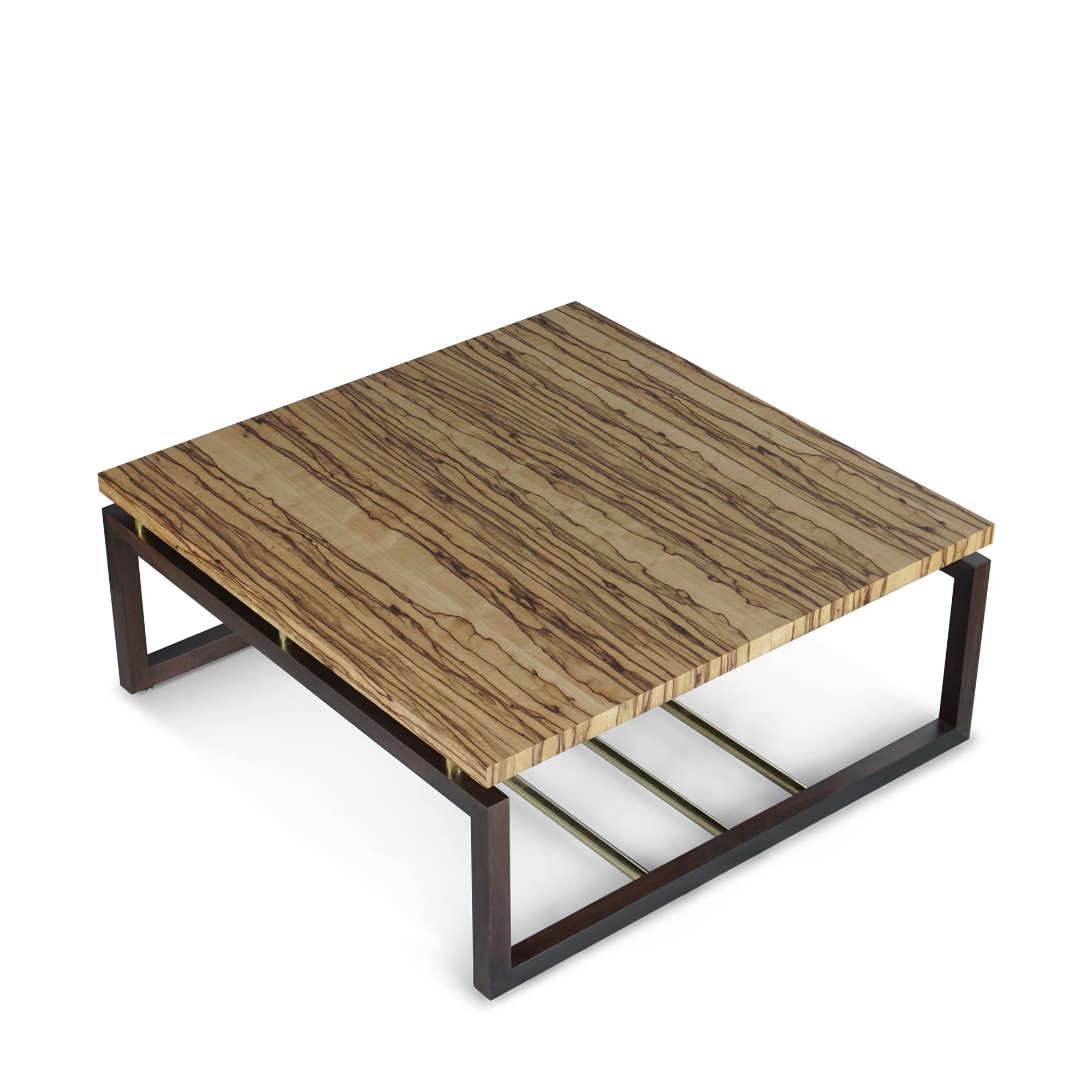 Modern Black Limba Wood Coffee Table with Matte Lacquer Finish - Walnut & Brass Base for Living Room, Lounge, or Office Decor