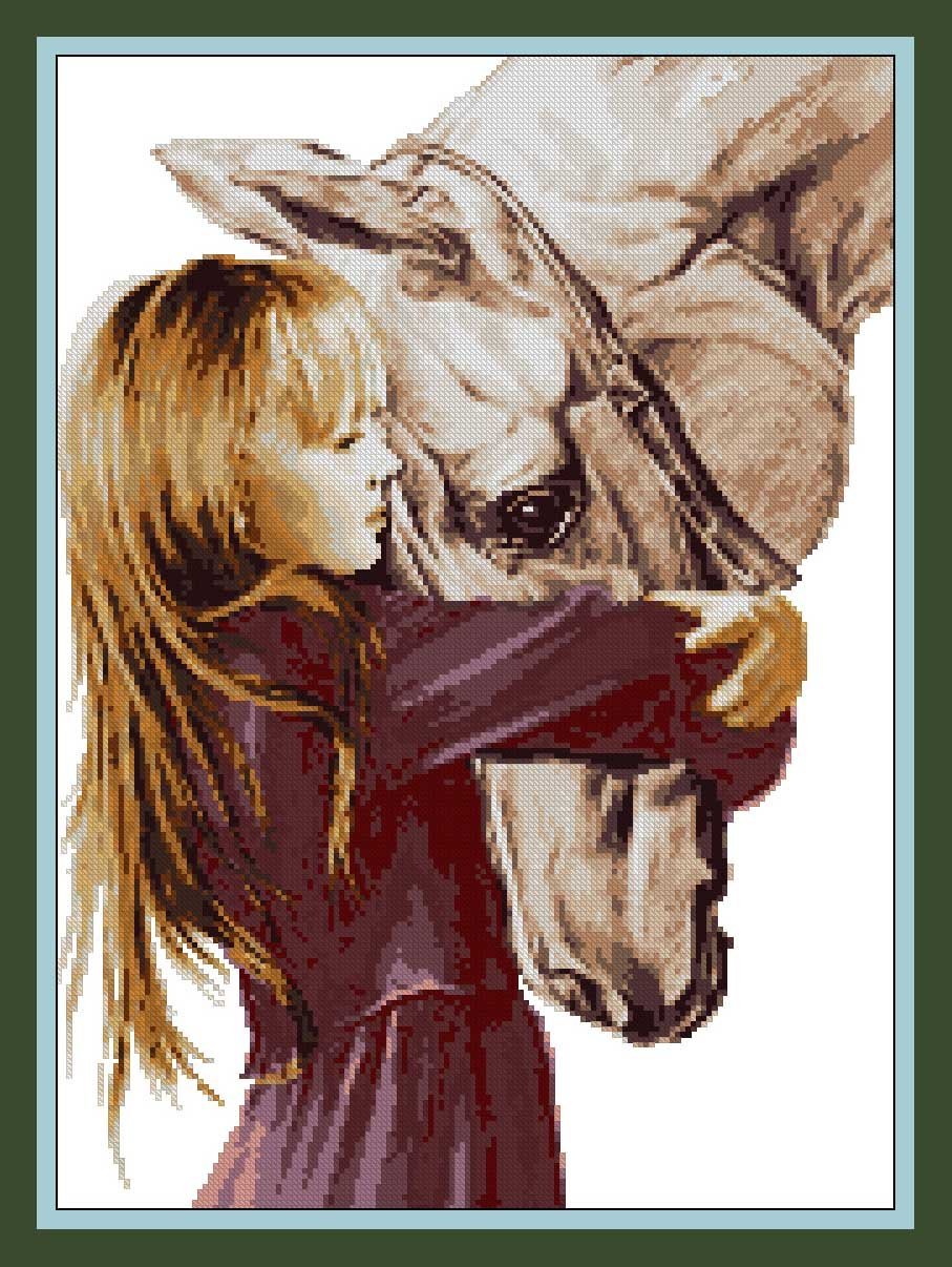 Sweet Home Girl and Horse Cross Stitch Kit - 14ct Egyptian Cotton Thread, 160x220 Stitches, 39x50cm Embroidery Kit for Beginners - Perfect for Home Decor, DIY Gifts & Craft Projects