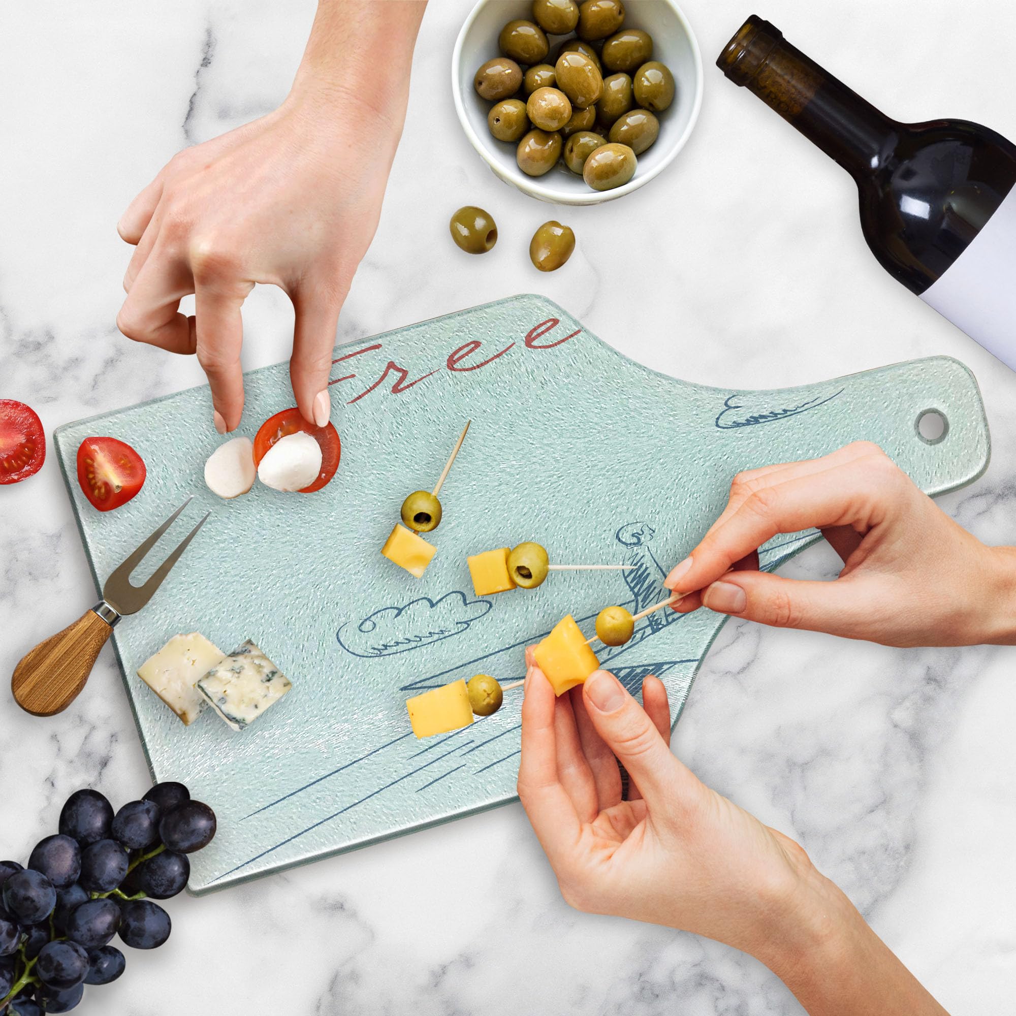 Ambesonne Adventure Wine Bottle Shaped Cutting Board - Hand Drawn Flying Paper Plane Sketch Design with Freedom Text Clouds - Tempered Glass Serving Board for Kitchen & Entertaining (Blue Grey Red White) - Perfect for Cheese Platters, Charcuterie & Wine Pairings