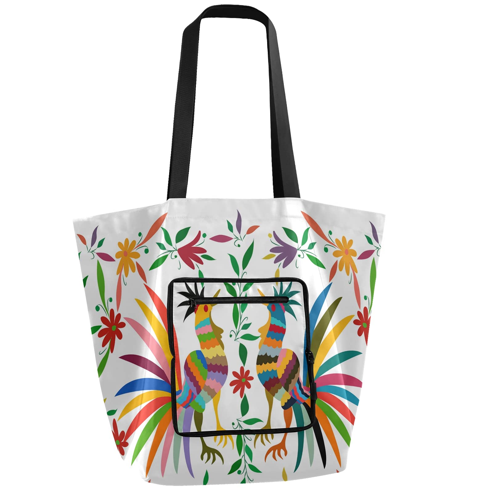 Mexican Embroidered Floral Rooster Folk Art Foldable Shoulder Tote Bag - Large Reusable Grocery Shopping Bag for Women, Eco-Friendly Casual Handbag - Perfect for Travel, Outdoor Markets & Everyday Use