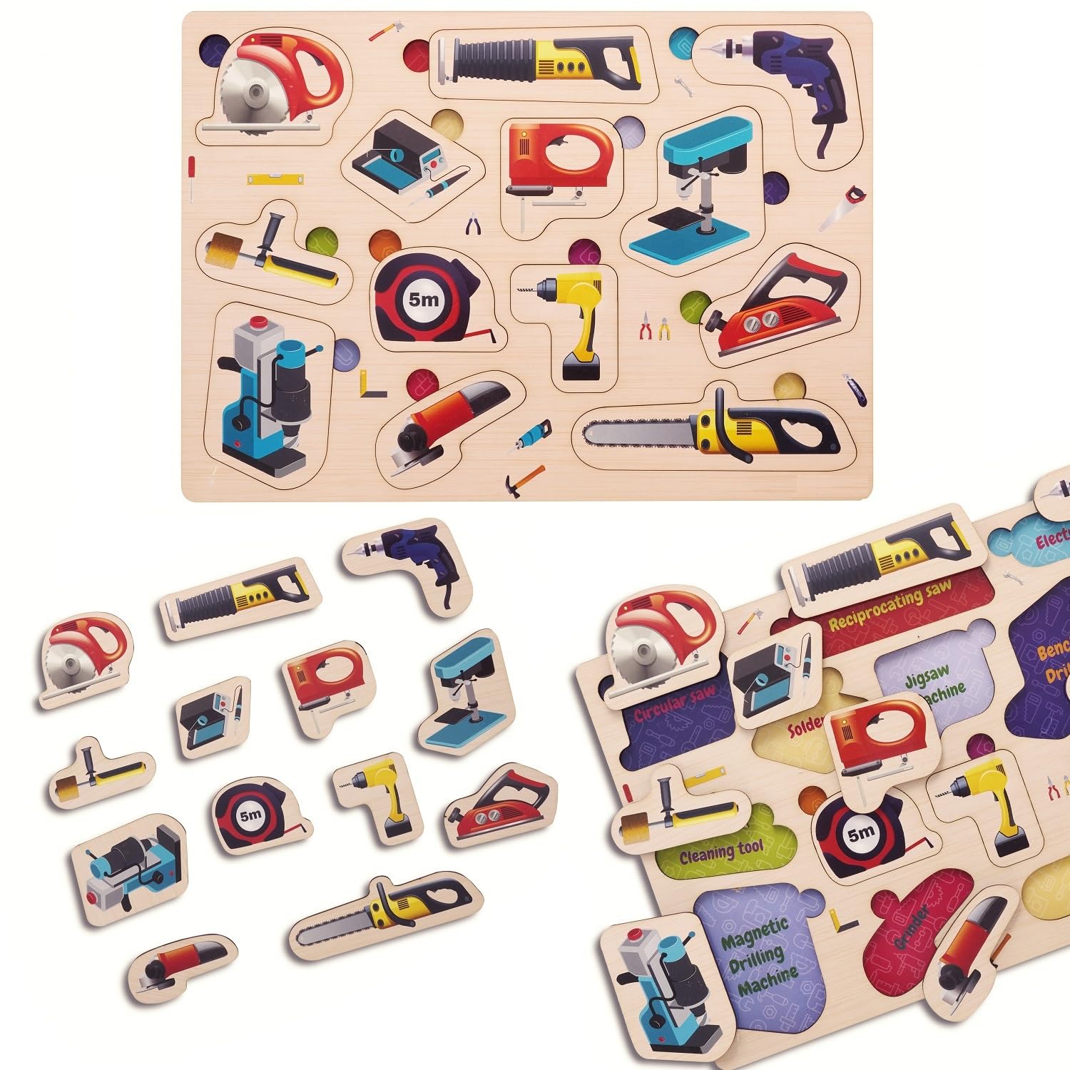 Premium Aebco Engineering Power Tools Wooden Puzzles for Toddlers & Kids - Montessori Educational Toys for Boys & Girls - Ideal Learning Gift for School & Home Playtime