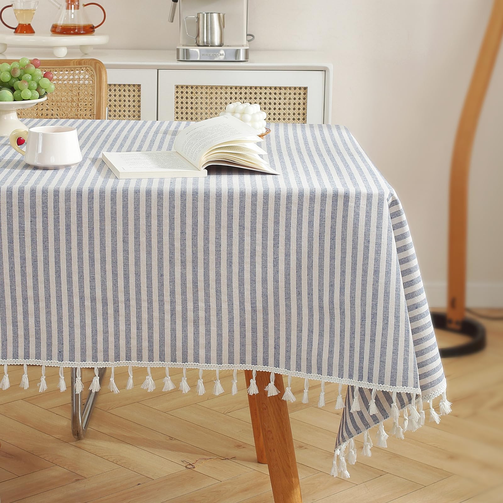 Meioro Blue and White Striped Tablecloth with Tassels - Premium Cotton Linen Dust-Proof Table Cover for Dining, Coffee, Buffet, Kitchen, Picnic Tables - Perfect for Parties, Weddings & Outdoor Events (Blue)