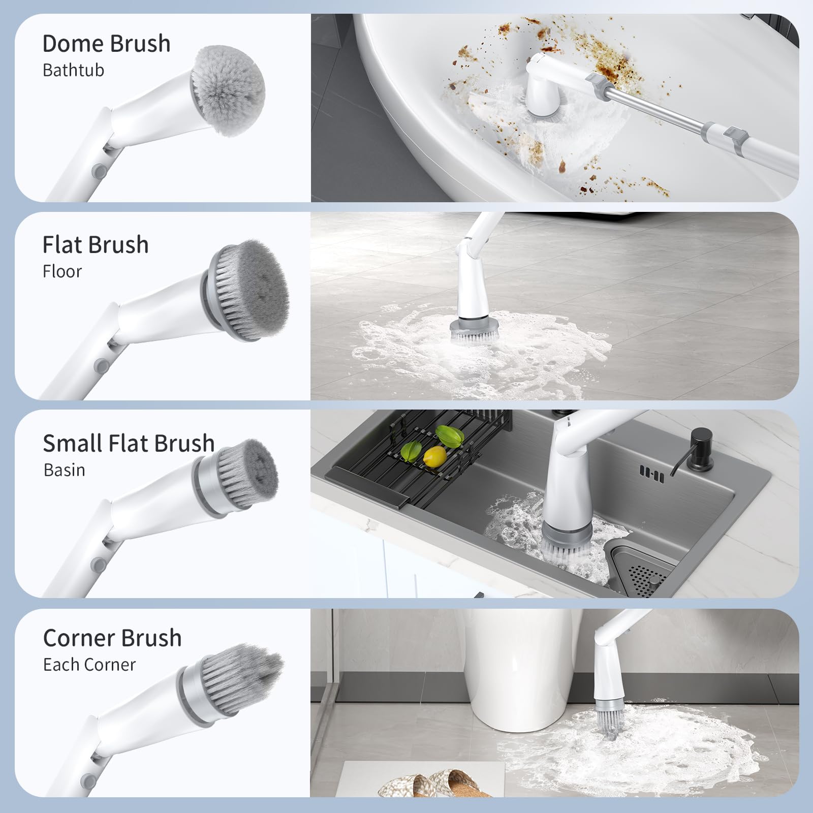 Electric Spin Scrubber with Long Handle - 8 Replaceable Heads & Battery Display - 2 Speed Adjustable Cleaning Brush for Shower, Tub, Tile, Floor - Perfect for Bathroom Deep Cleaning & Hard Water Stain Removal