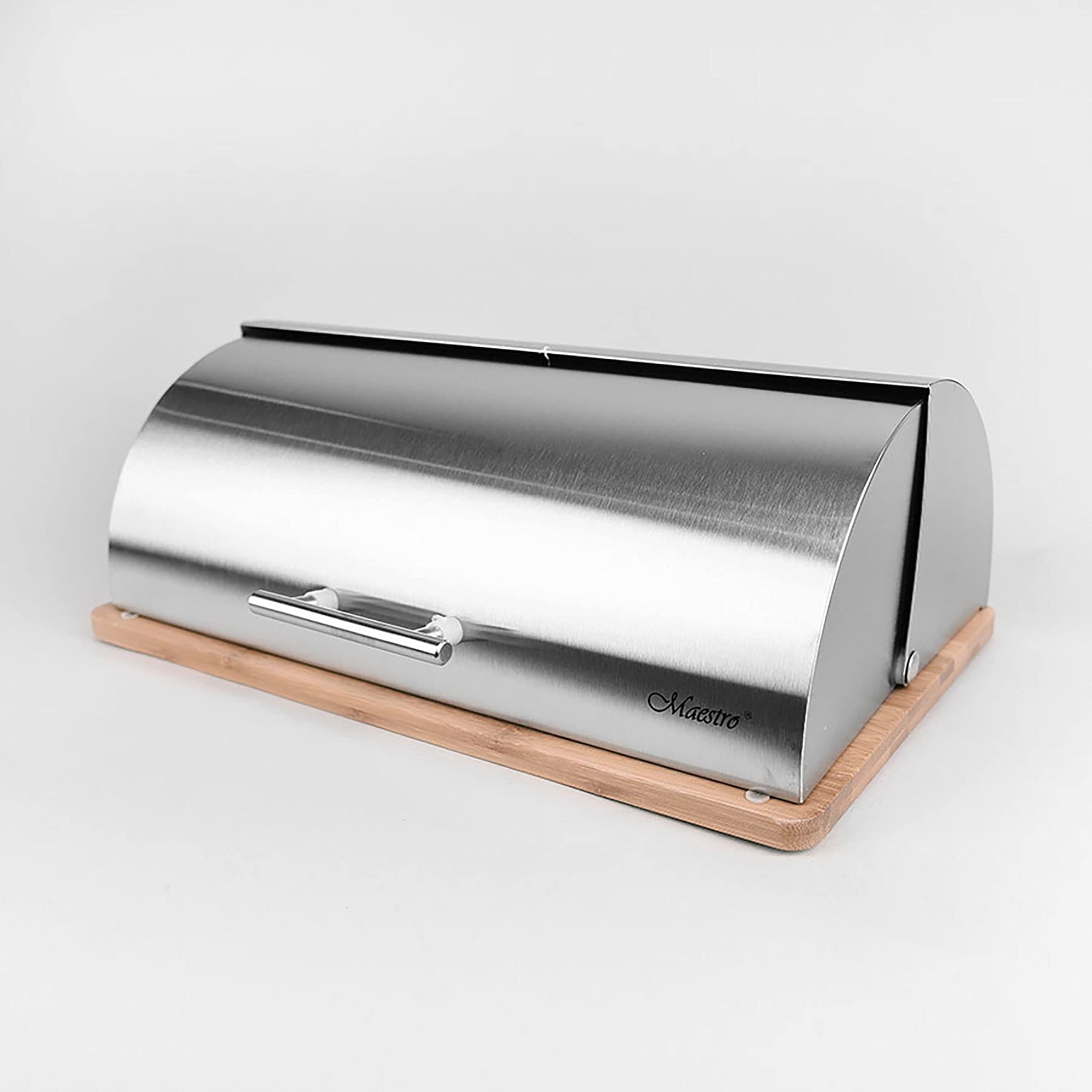 Maestro MR-1672S Stainless Steel & Wood Bread Box with Sliding Lid - Elegant Bread Storage Container for Kitchen Countertop - Perfect for Storing Bread, Buns, Pastries & Baked Goods
