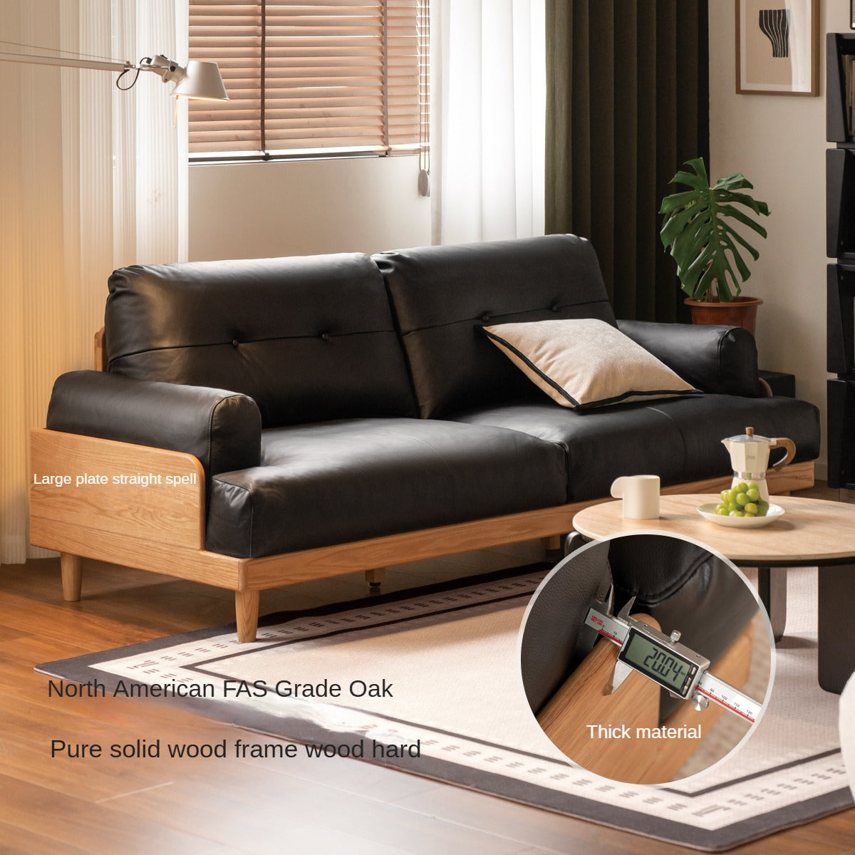 Premium Oak Solid Wood High Back Sofa with Genuine Leather & Fabric Upholstery - Modern Living Room Furniture for Home & Office Comfort