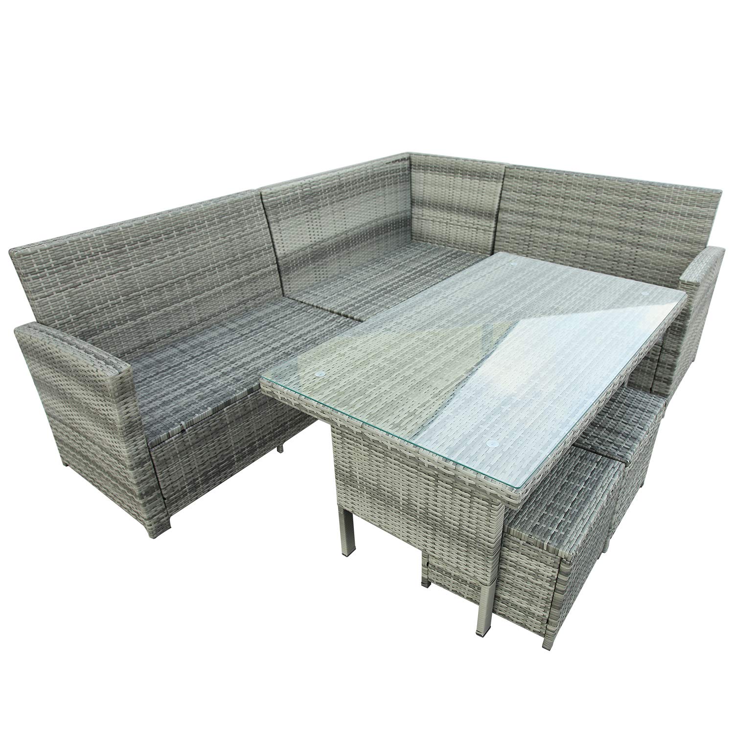 RUNNA 6-Piece Outdoor Patio Furniture Set - Waterproof Sectional Sofa with Tempered Glass Table & Ottomans for Poolside, Backyard, Garden, Lawn (Gray) - Perfect for Relaxing, Entertaining Guests & Outdoor Dining