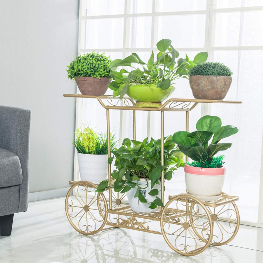 6-Tier Gold Metal Plant Stand - Parisian Style Flower Pot Display Shelf with 4 Decorative Wheels, Multi-Layer Potted Plant Rack for Indoor & Outdoor Use - Perfect for Home, Garden, Patio, Balcony Decor