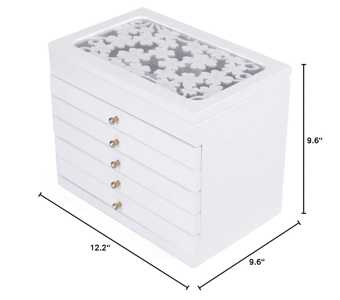 6-Layer Wooden Jewelry Storage Organizer with 5 Drawers - Large Jewelry Box for Women (White) | Perfect for Necklace, Ring & Earring Organization at Home, Travel & Gift Giving